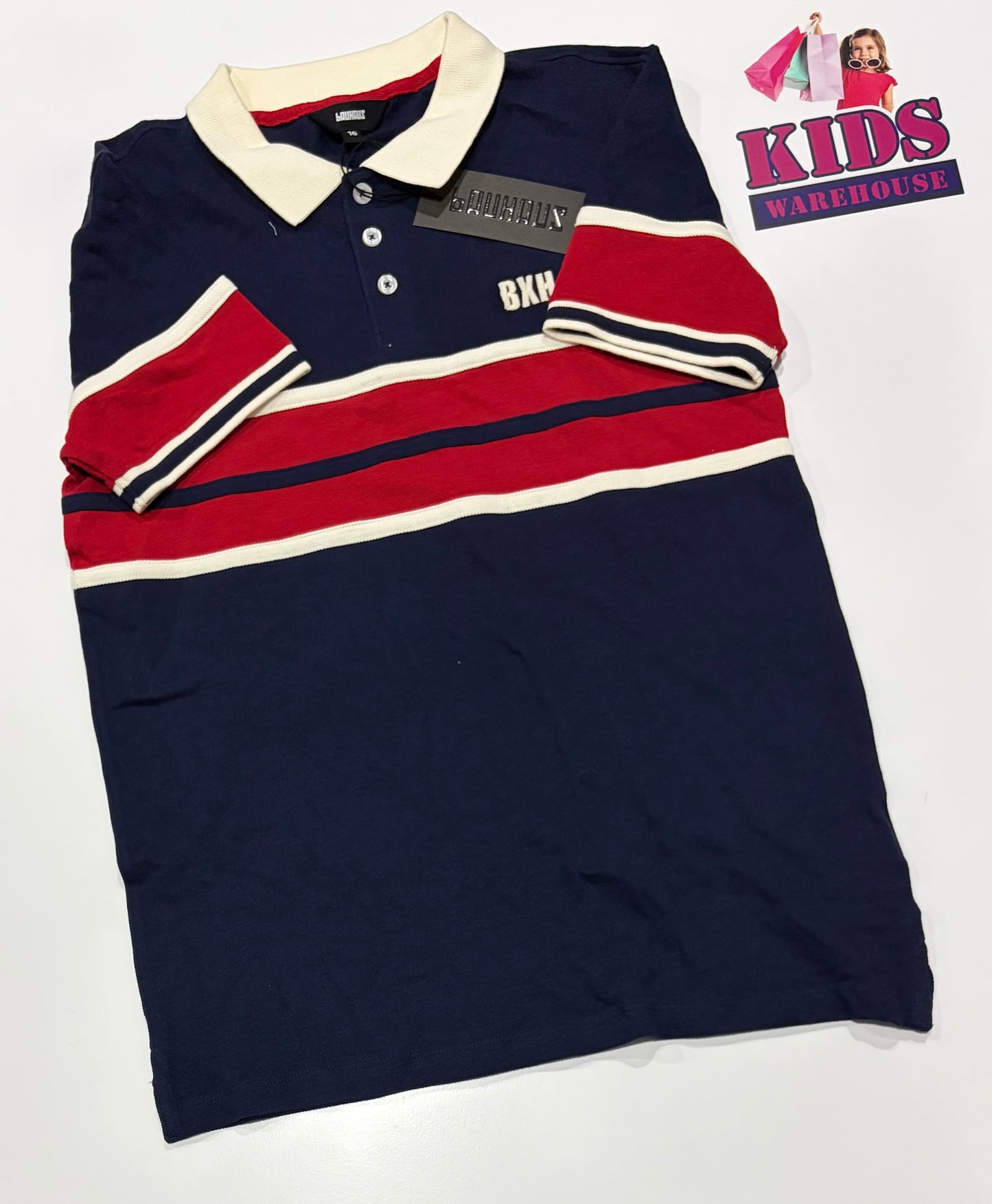 Not Used Bauhaus Navy, Red Stripe Print Polo Top Size 16