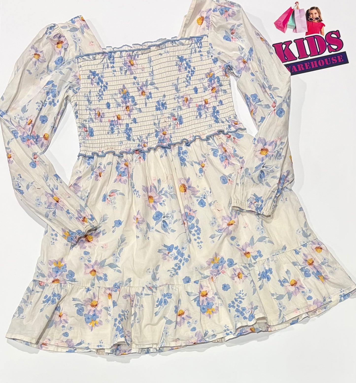 Origami White, Blue Floral Print Dress Size 9