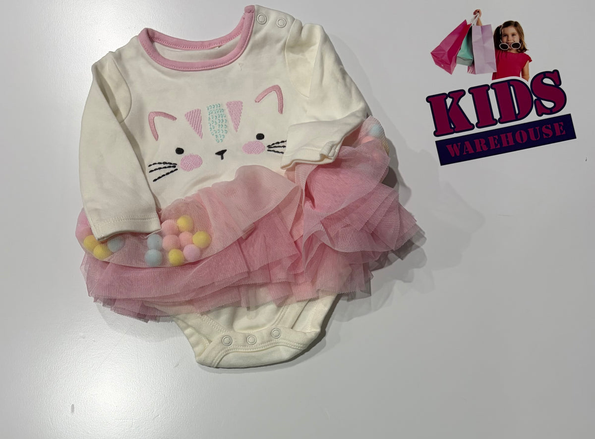 White, Pink Cat Print Skirted Bodysuit Size 0000