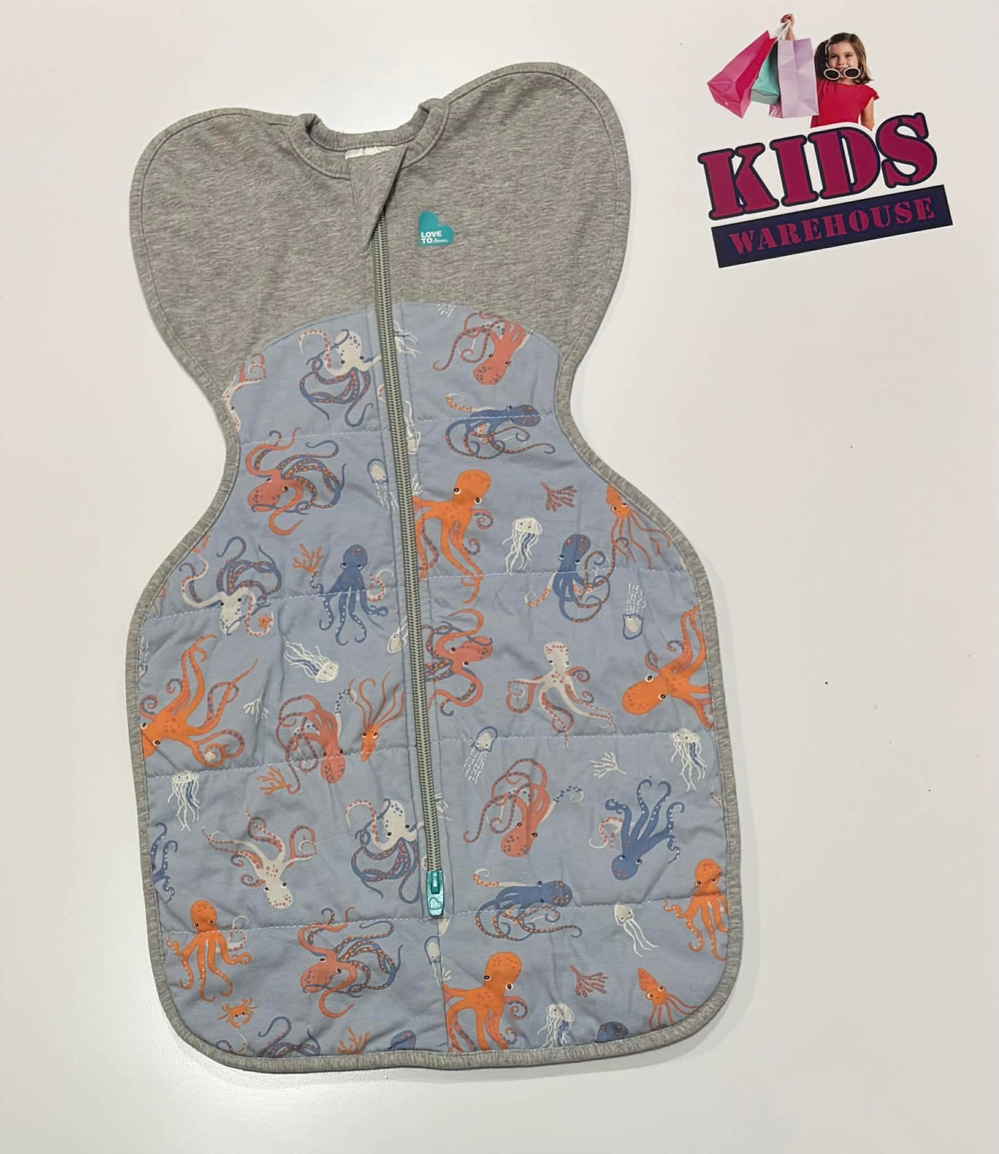 Love To Dream Swaddle Up Grey, Blue, Sea Creature Print Size Small (3.5-6kgs) TOG 2.5