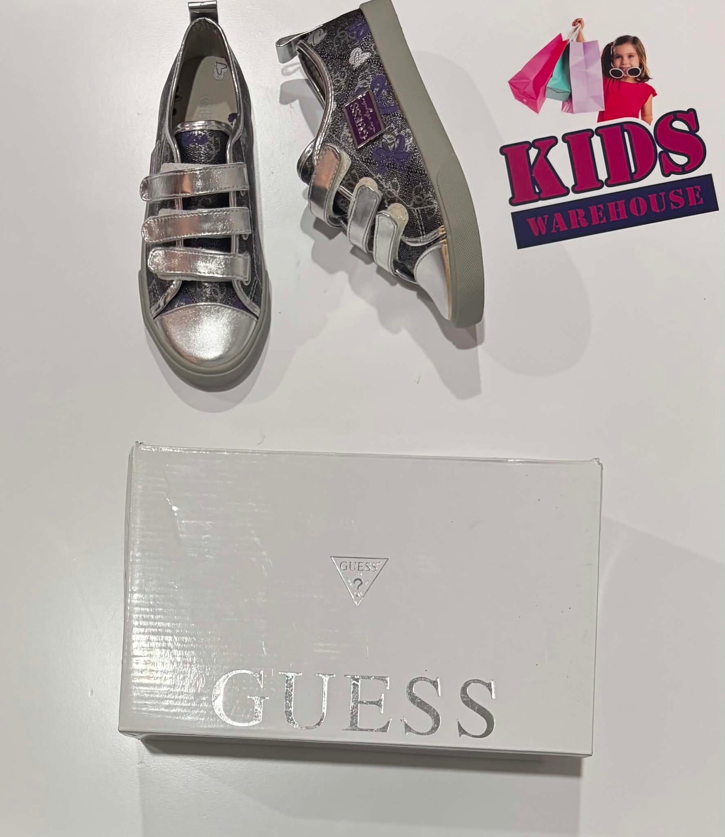 Not Used Guess Silver, Purple, Heart & Flower Print Runners Size US1/UK13.5 (Older Child)