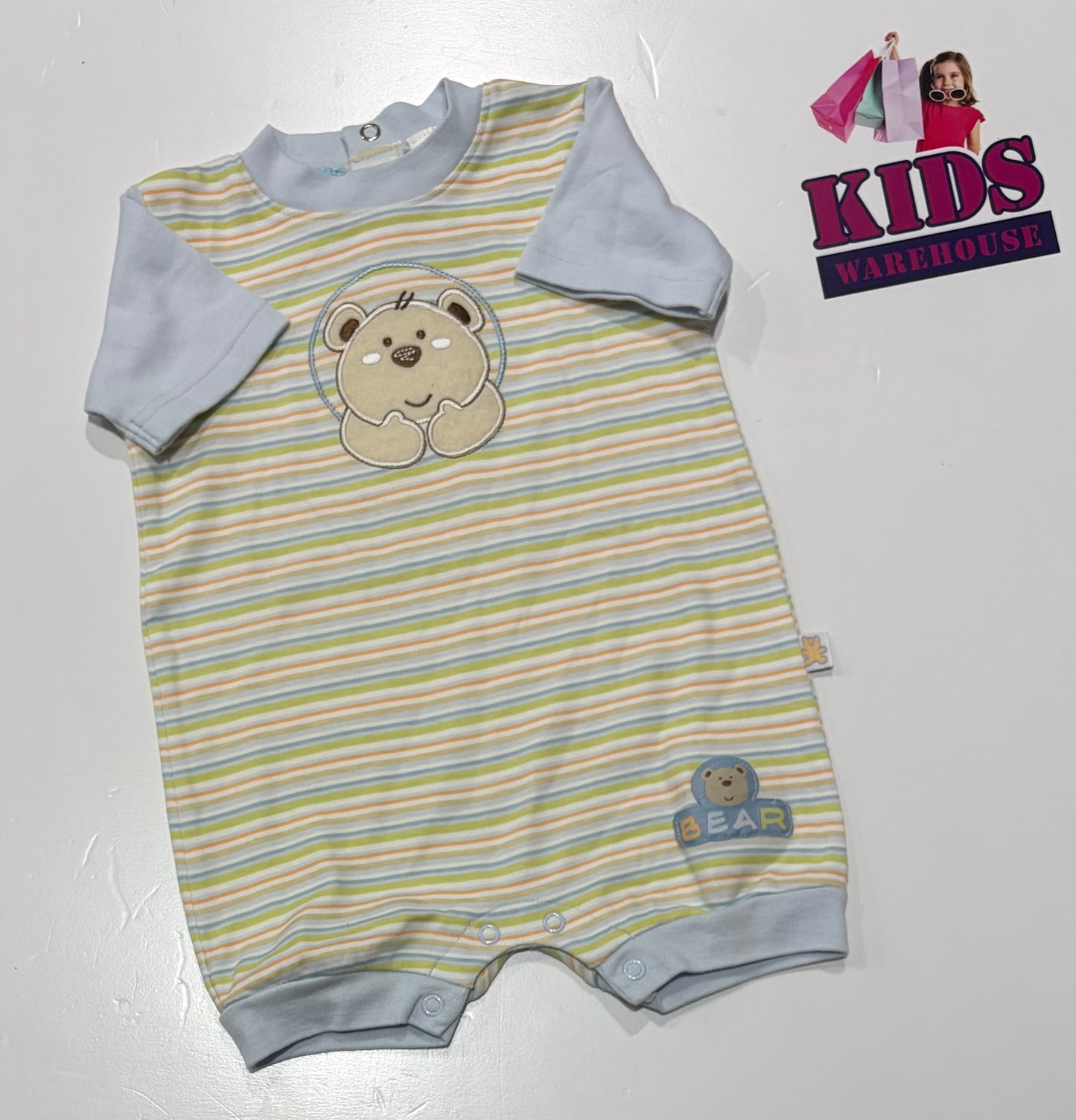 Hundreds + Thousands White, Blue, Green Stripe Bear Print Jumpsuit Size 0
