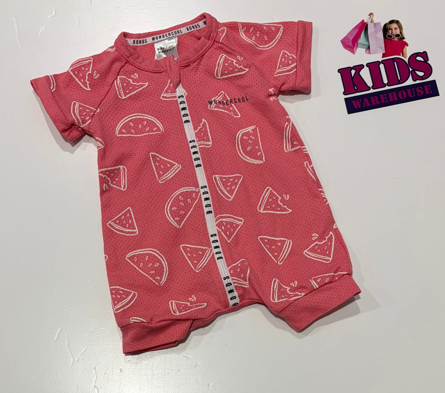 Bonds Wondersuit Pink, Watermelon Print Jumpsuit Size 000
