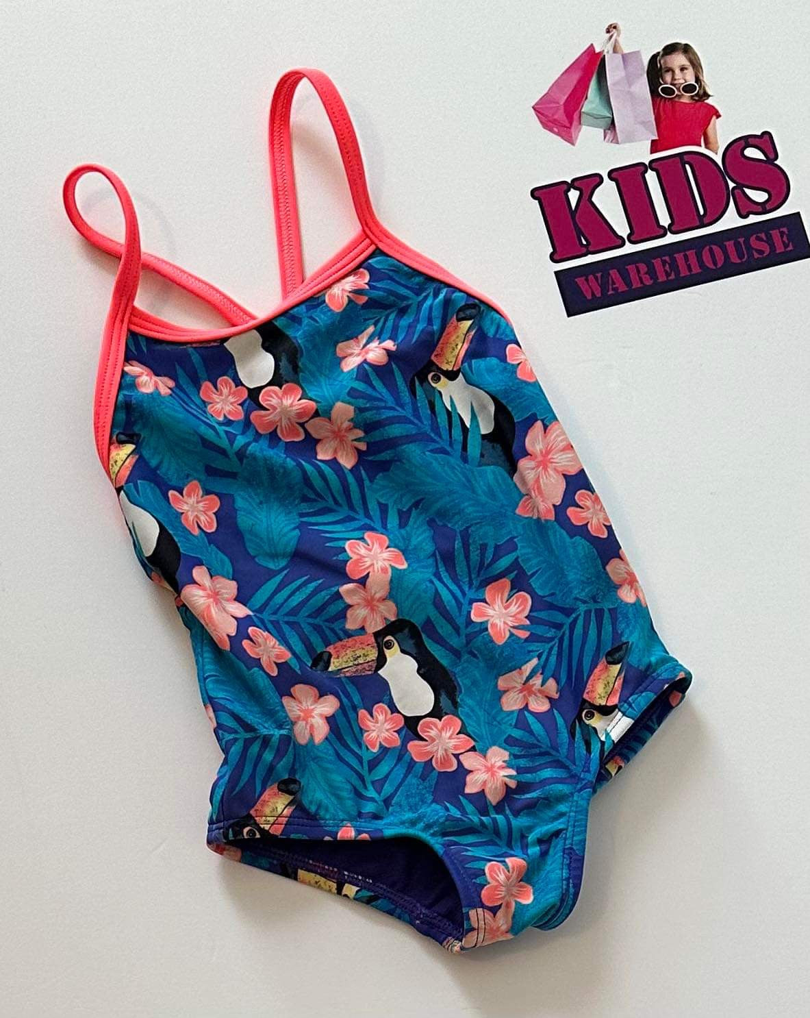 Roxy Blue & Pink Tropical Toucan Print Bathing Suit Size 2
