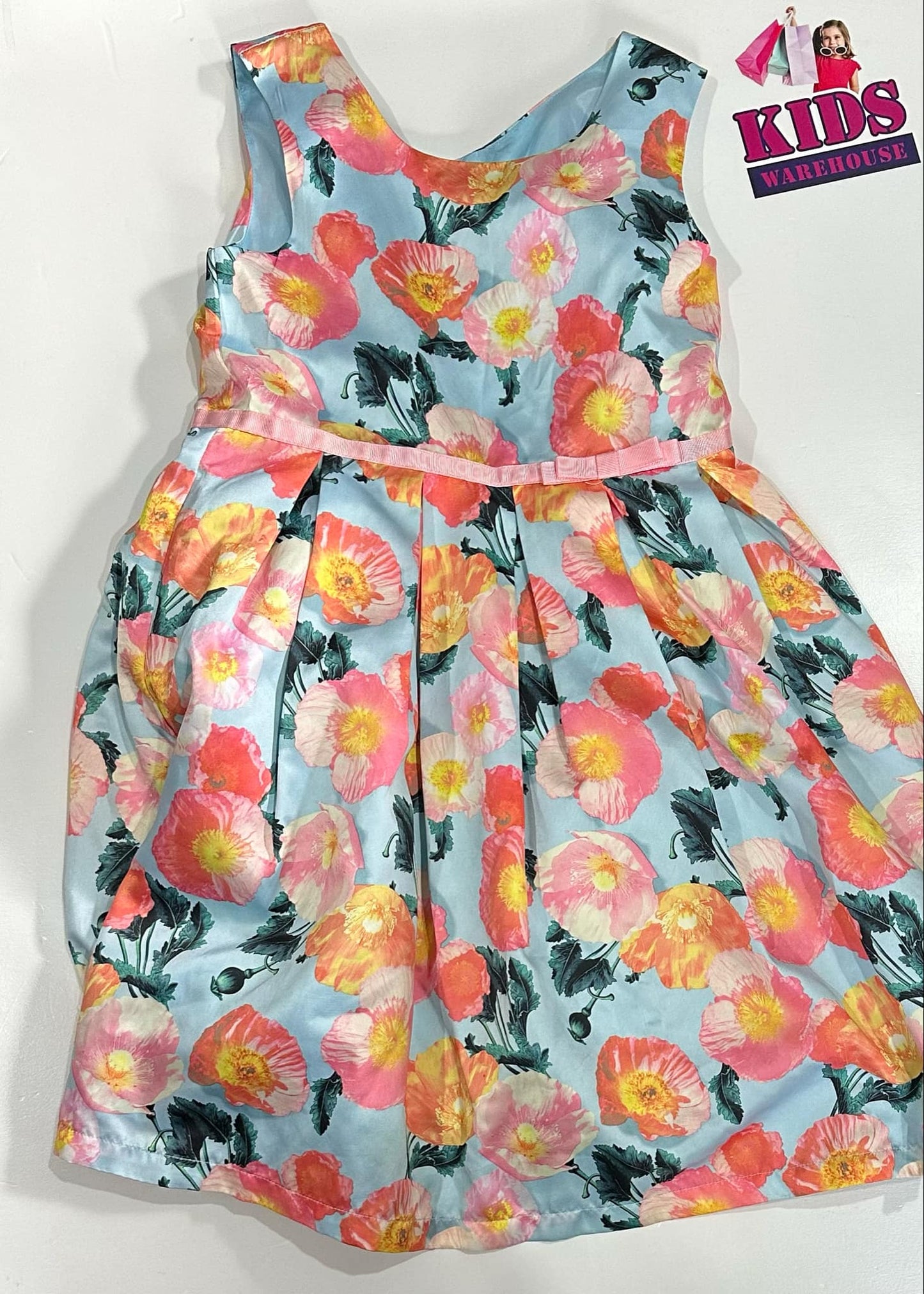 Origami Blue Dress With Pink Flower Pattern Size 8