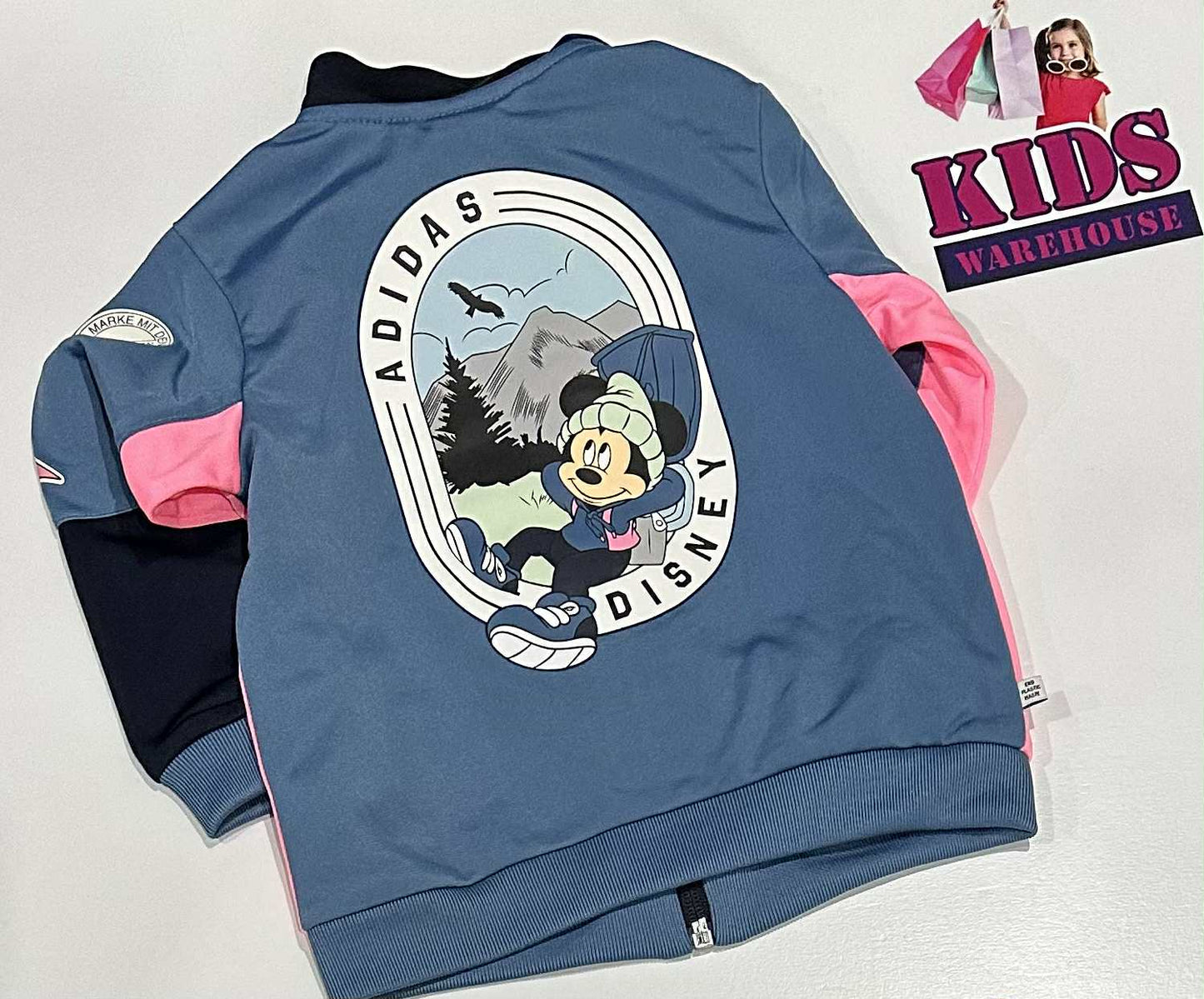 New Adidas Disney Blue & Pink Jumper With Mickey Mouse Print Size 0 (RRP $90)
