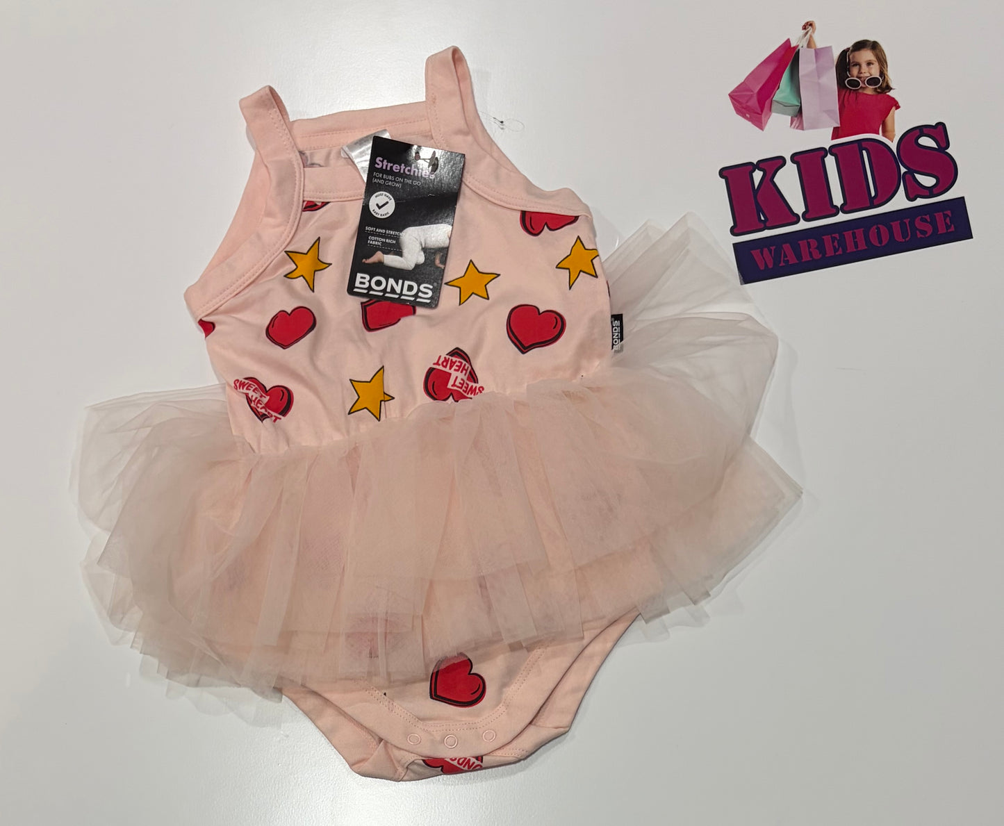 Not Used Bonds Pink, Heart, Star Print Skirted Bodysuit Size 1
