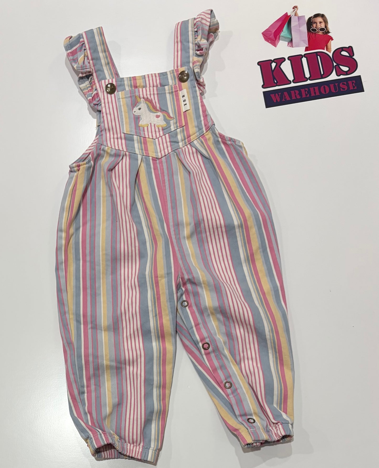 Hux Blue, Pink, Yellow Stripe, Unicorn Print Denim Overalls Size 0