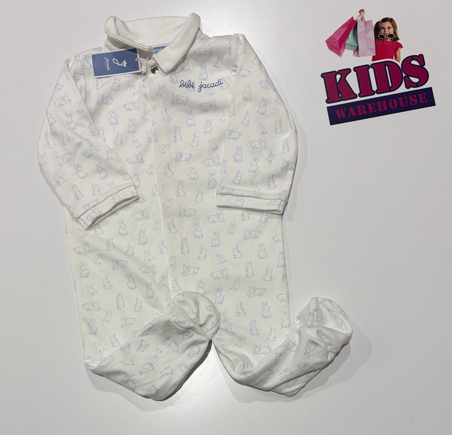 Jacadi White, Blue Rabbit Print Jumpsuit Size 1