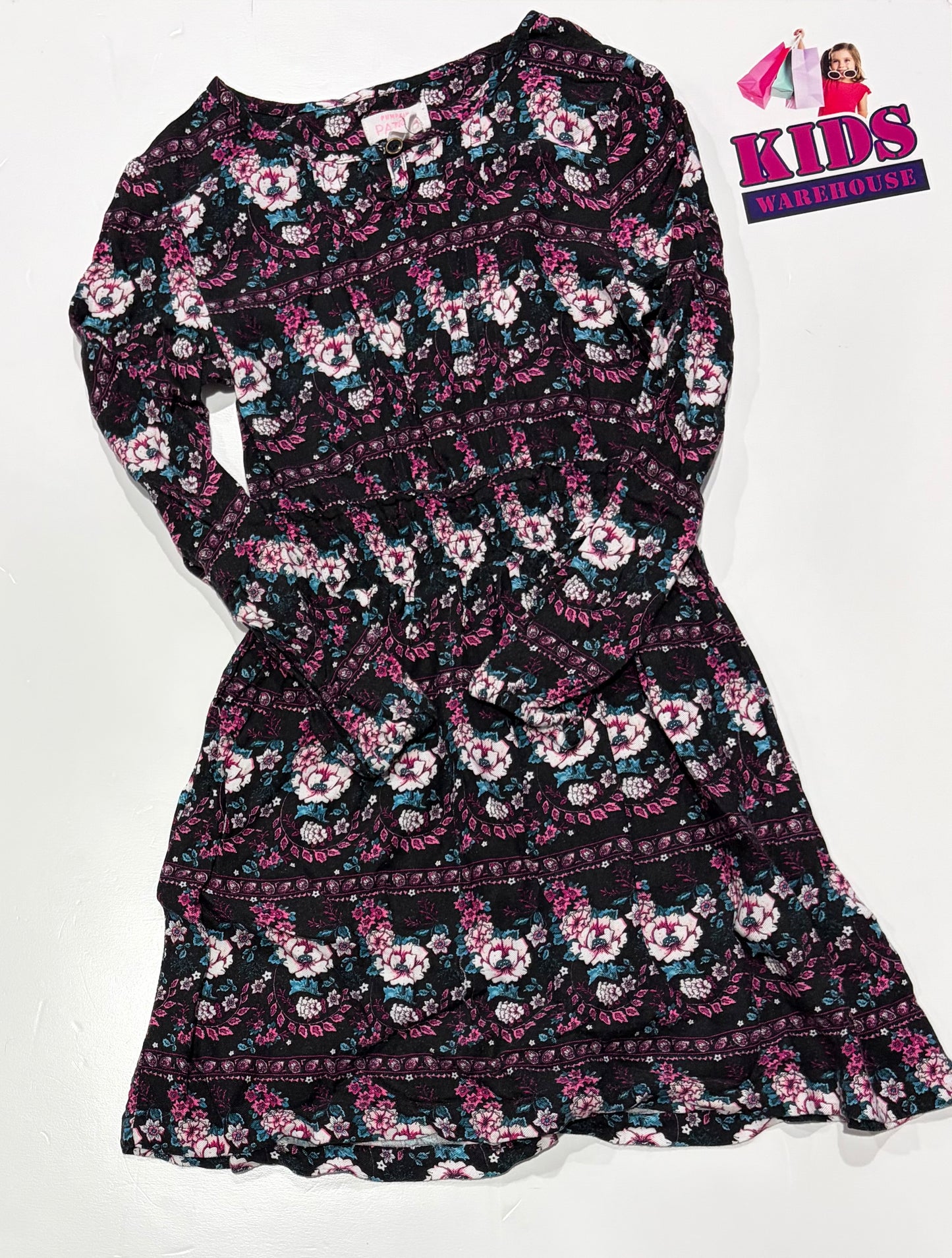 Pumpkin Patch Black, Purple, Green Floral Print Long Sleeve Dress Size 8