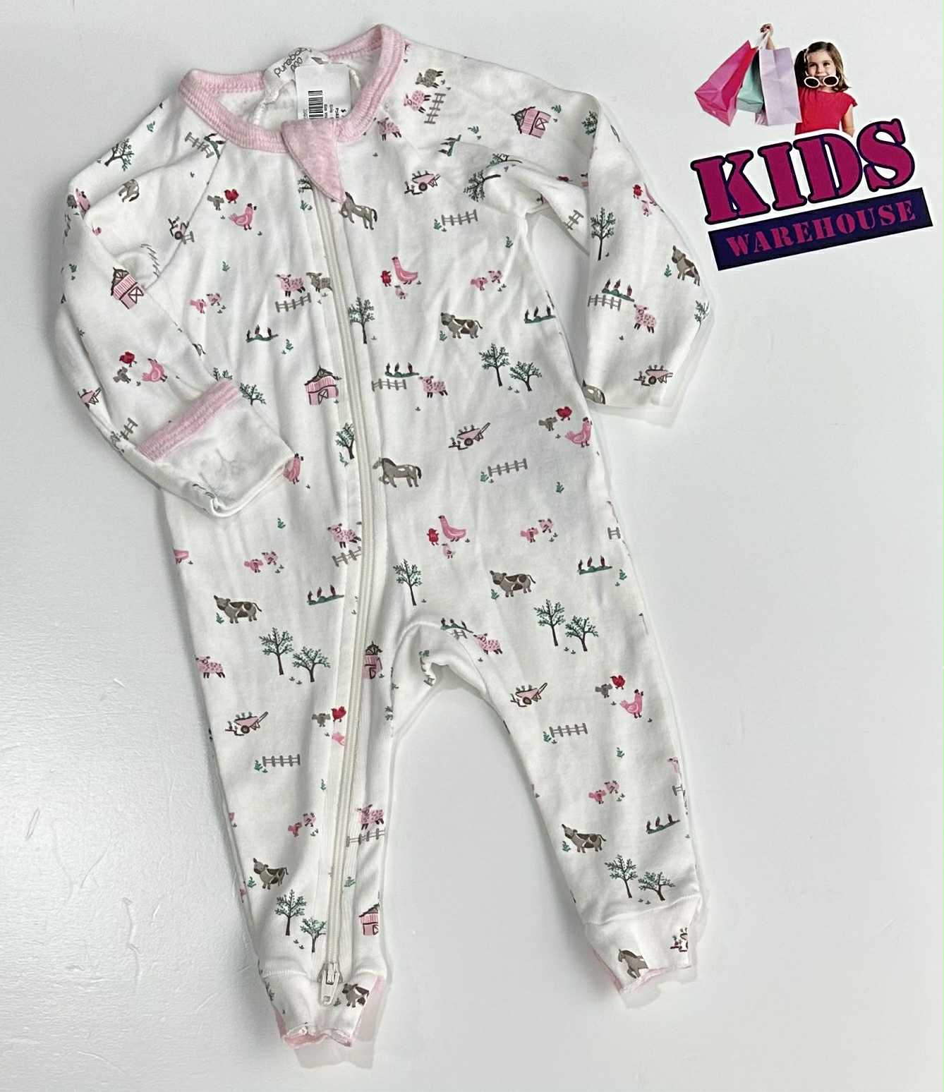 PureBaby White & Pink Jumpsuit With Farm Animals Size 000