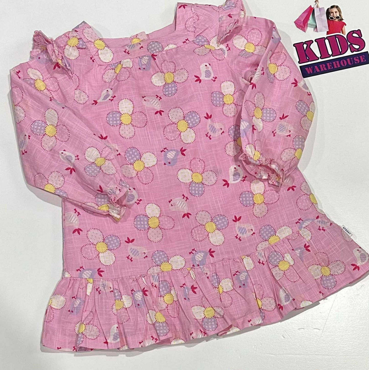 Sprout Pink Dress With Flower & Bird Pattern Size 2