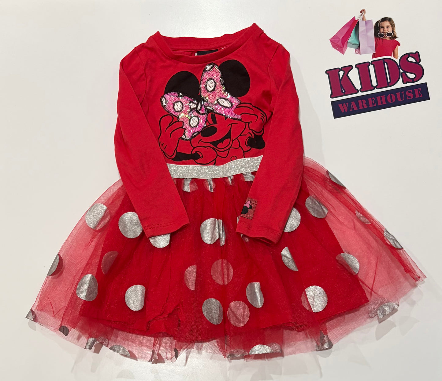 Disney Minnie Mouse Red, Silver Polka Dot Minnie Mouse Print Sequin Dress Size 2