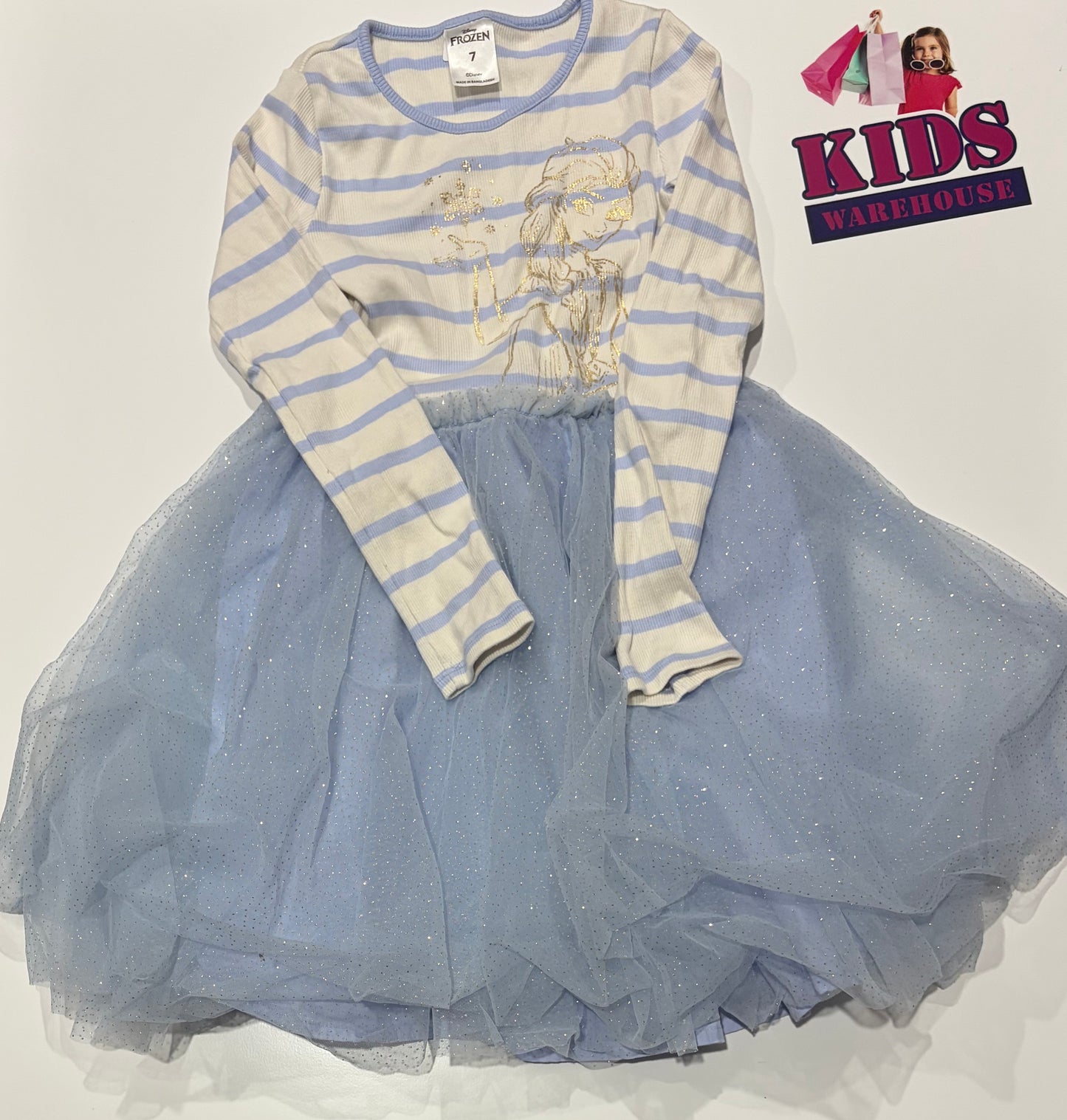 Disney Frozen White, Blue Stripe, Gold Elsa Print Dress Size 7