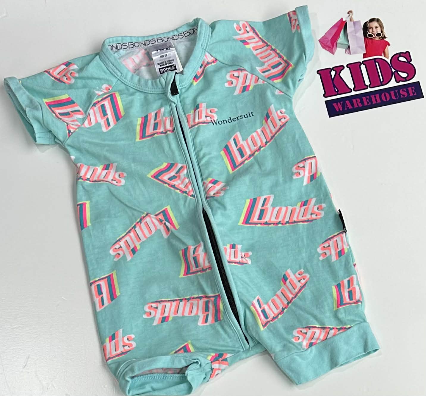 Bonds Aqua Wondersuit With Pink “Bonds” Pattern Size 00