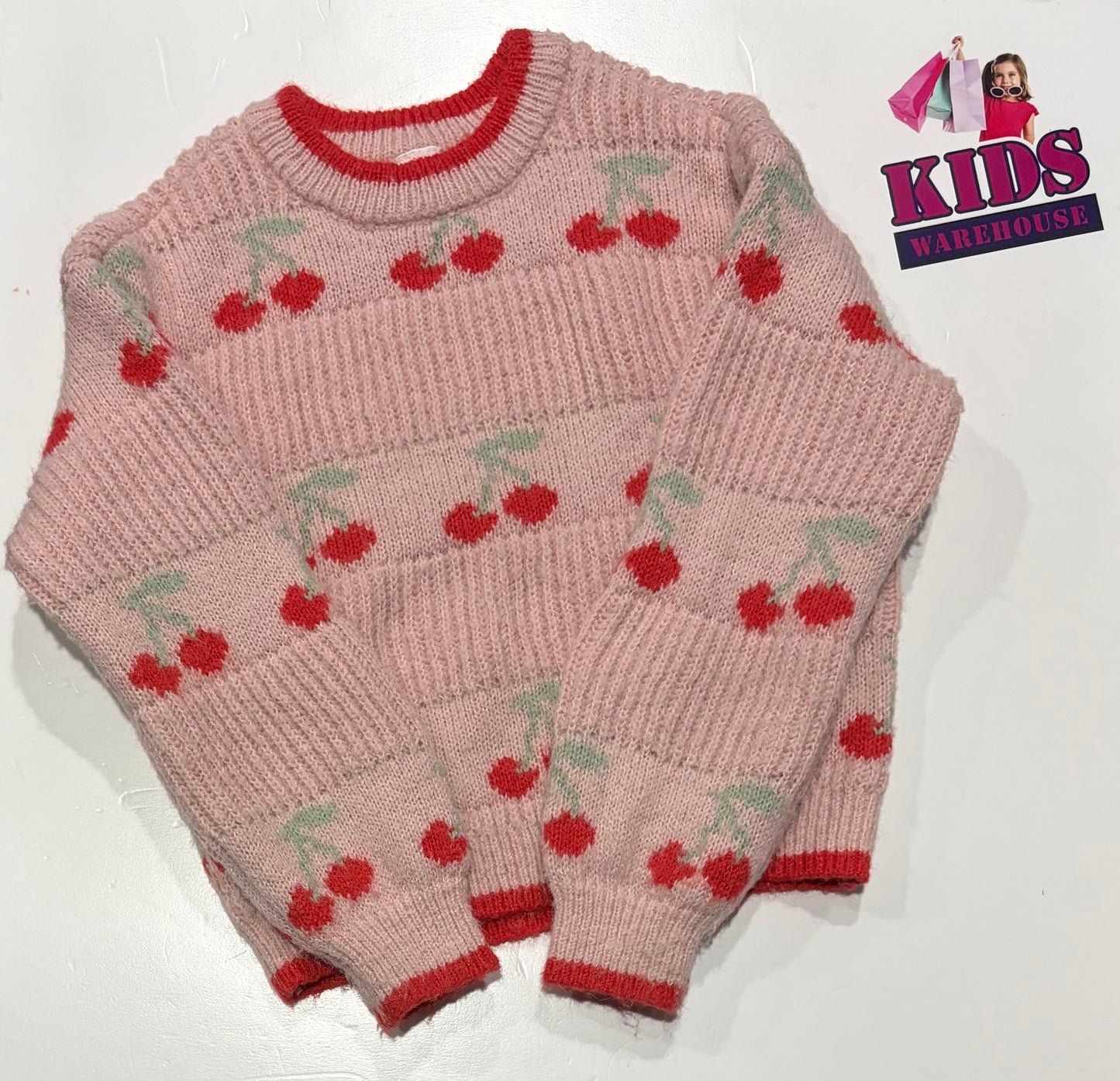 Knitted Pink, Cherry Print Sweater Size 9