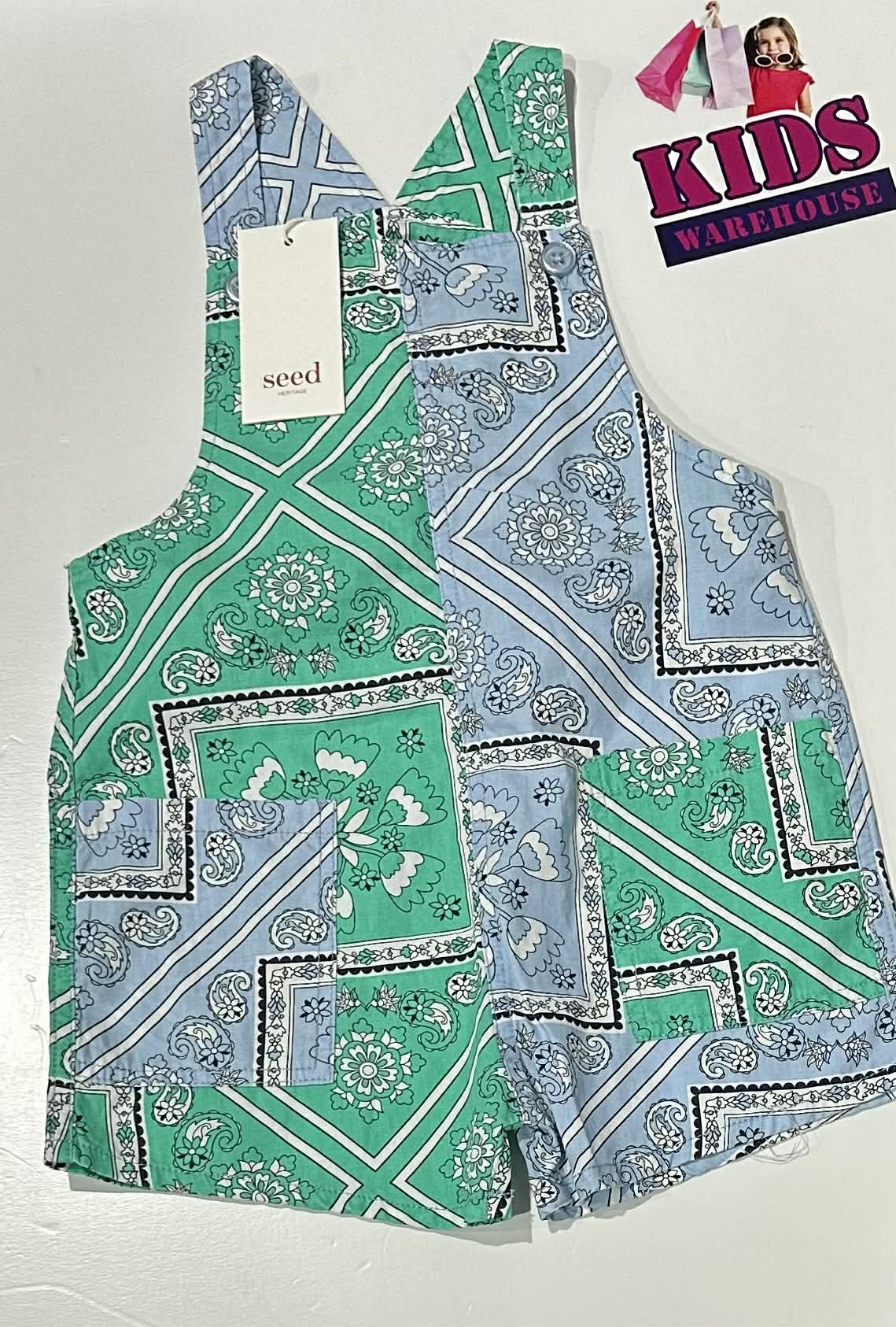 New Seed Heritage Green & Blue Overalls With Flower Pattern Size 2 (RRP $54.95)