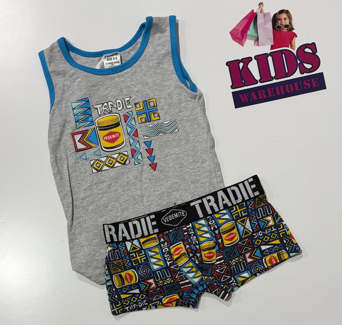 Tradie X Vegemite Grey, Vegemite Print 2 Piece Pyjama Set Size 3