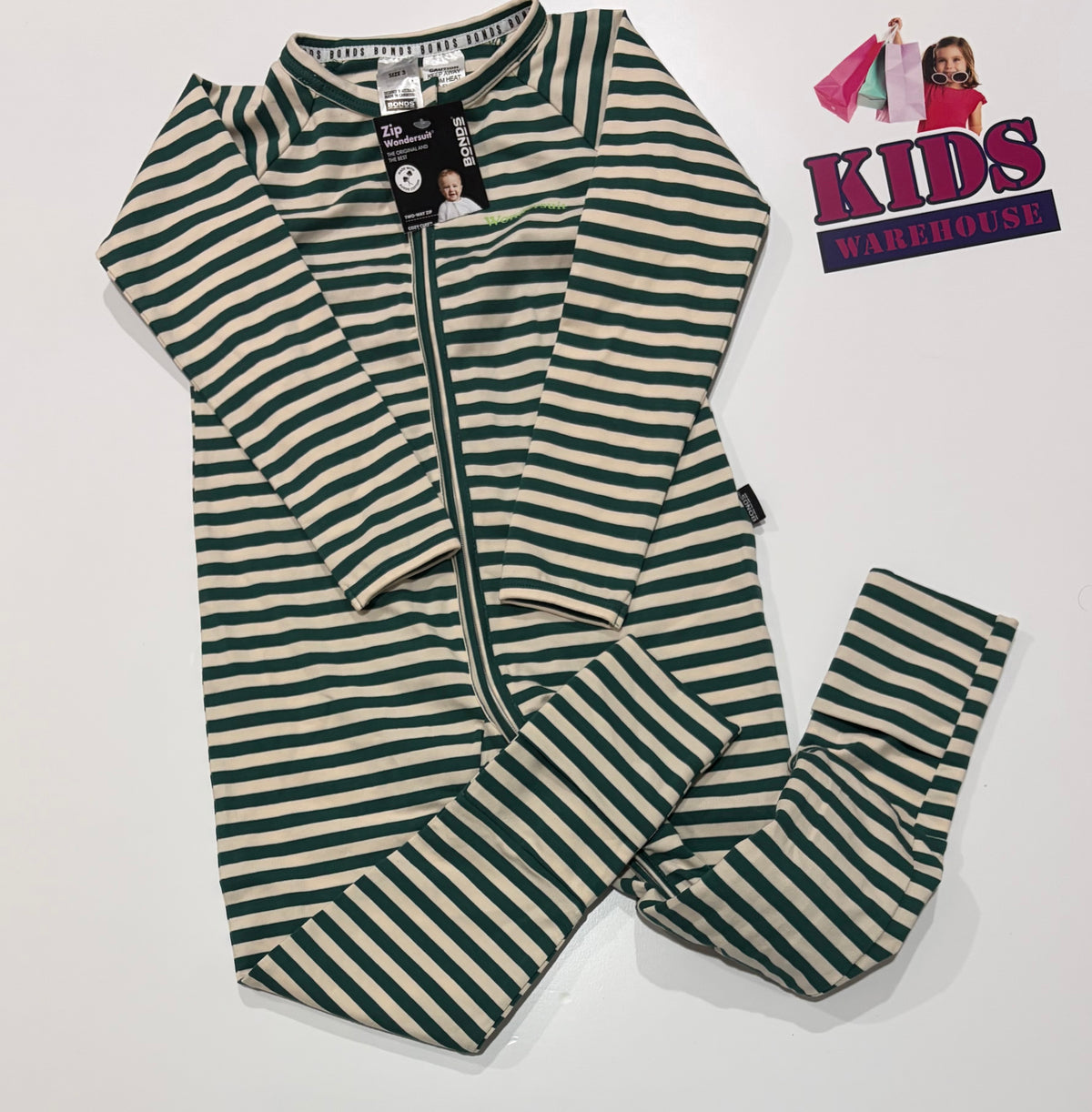 Not Used Bonds Green, White Stripe Print Wondersuit Size 3