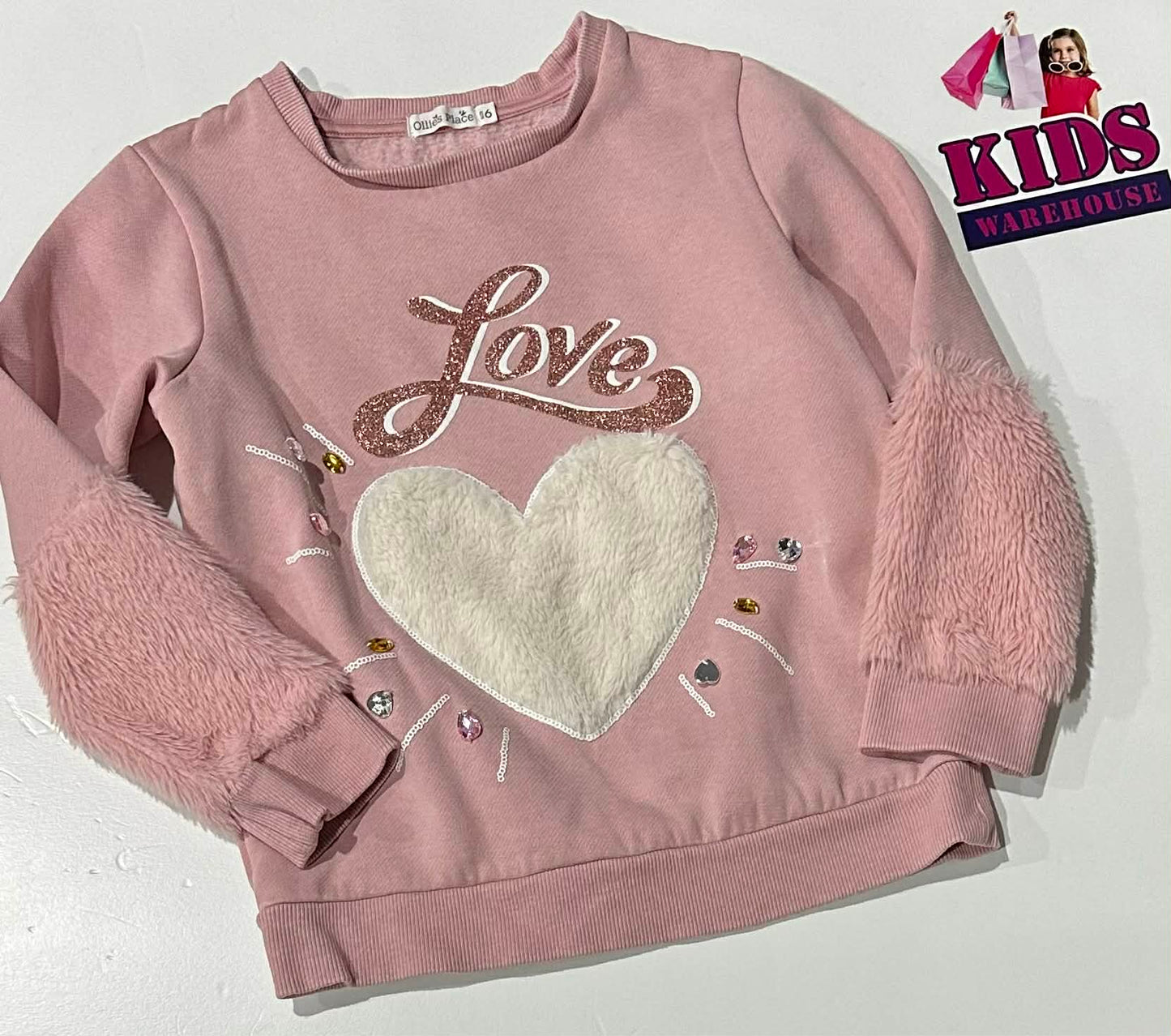 Ollies Place Pink Jumper With “Love” & White Heart Fluffy Print Size 6