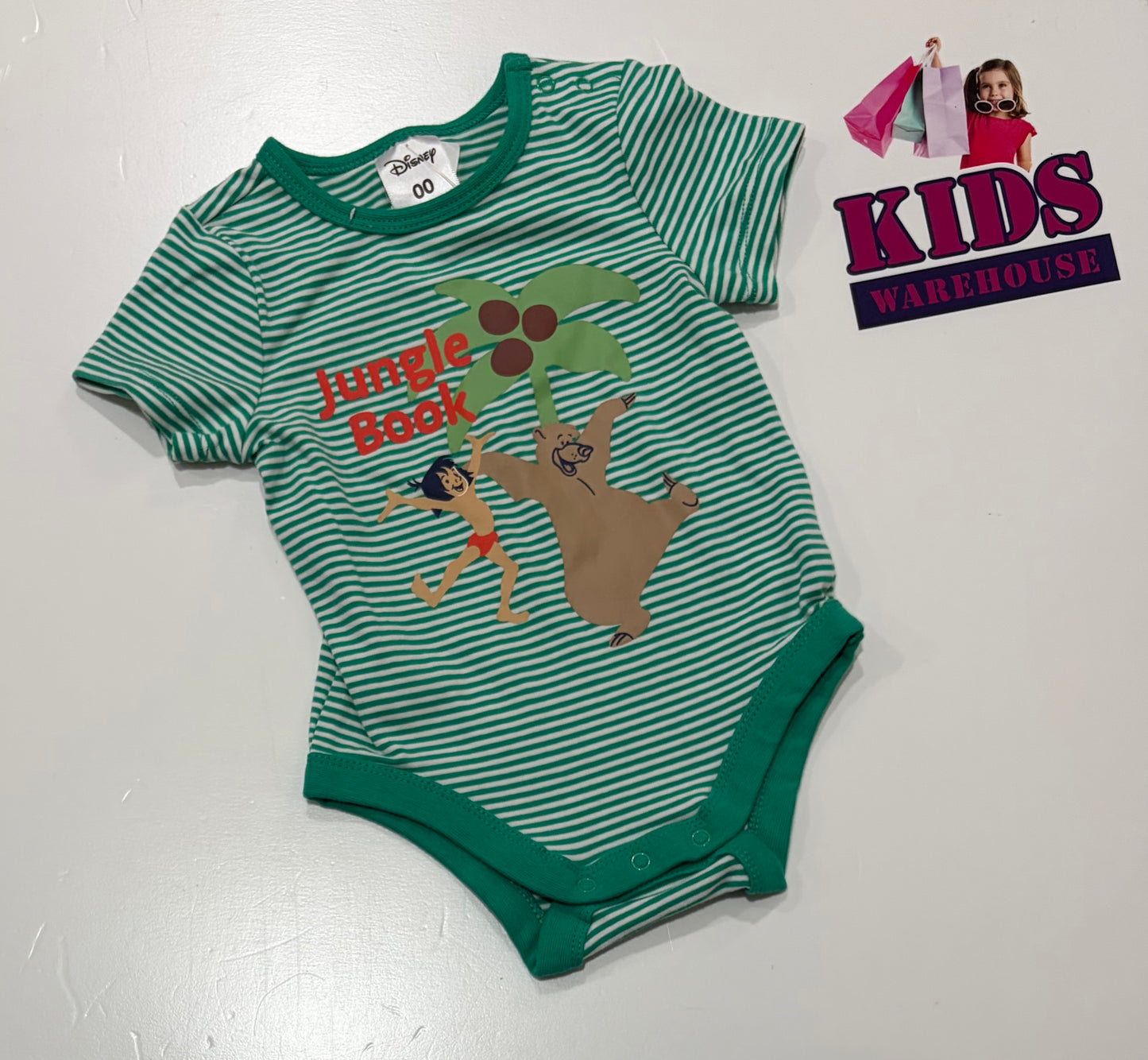 Disney Jungle Book Print, Green, White Stripe Bodysuit Size 00