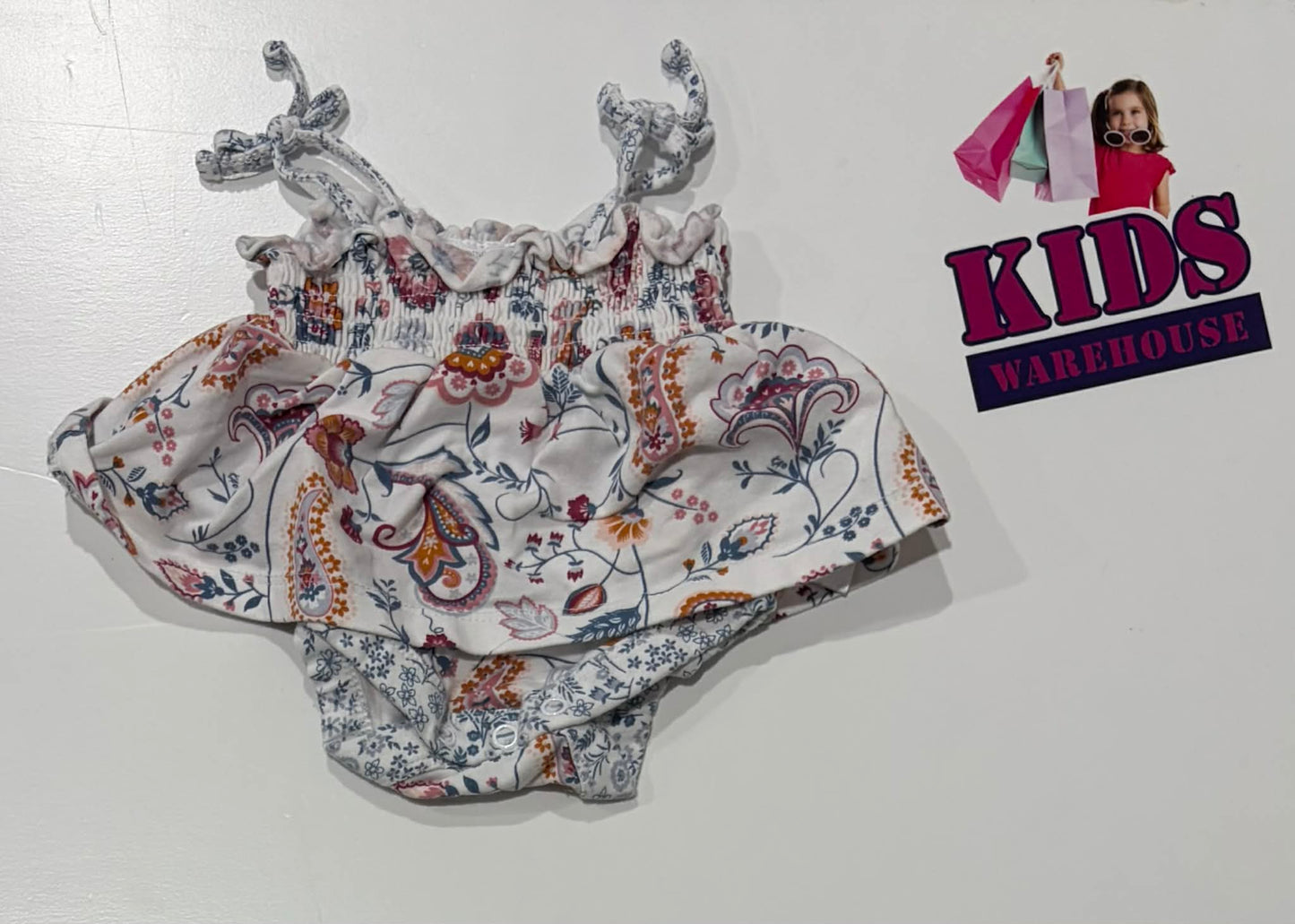 Kidding Around White Bodysuit With Blue & Purple Flower Pattern Size 0000