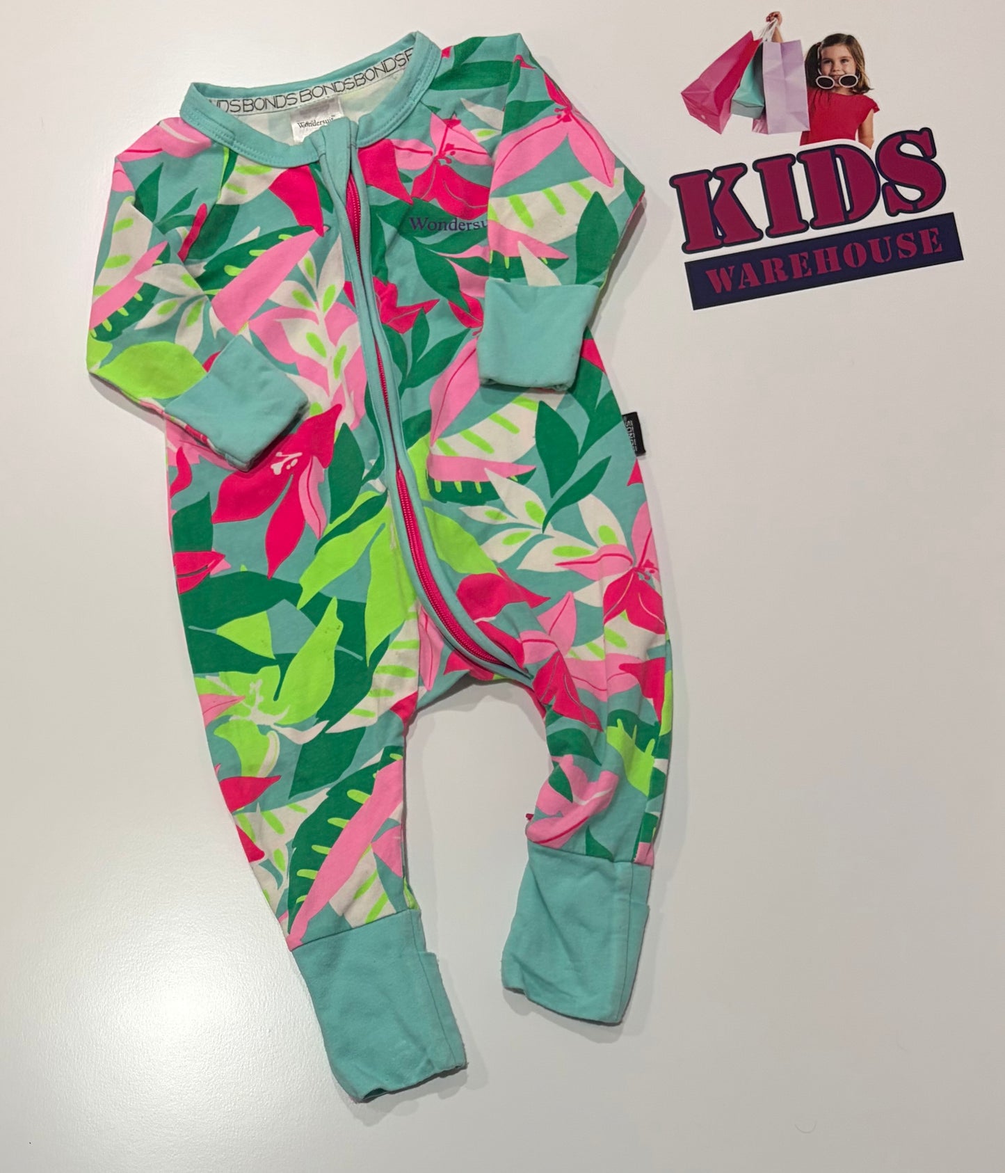 Bonds Wondersuit Blue, Pink, Green Leaf Print Jumpsuit Size 000