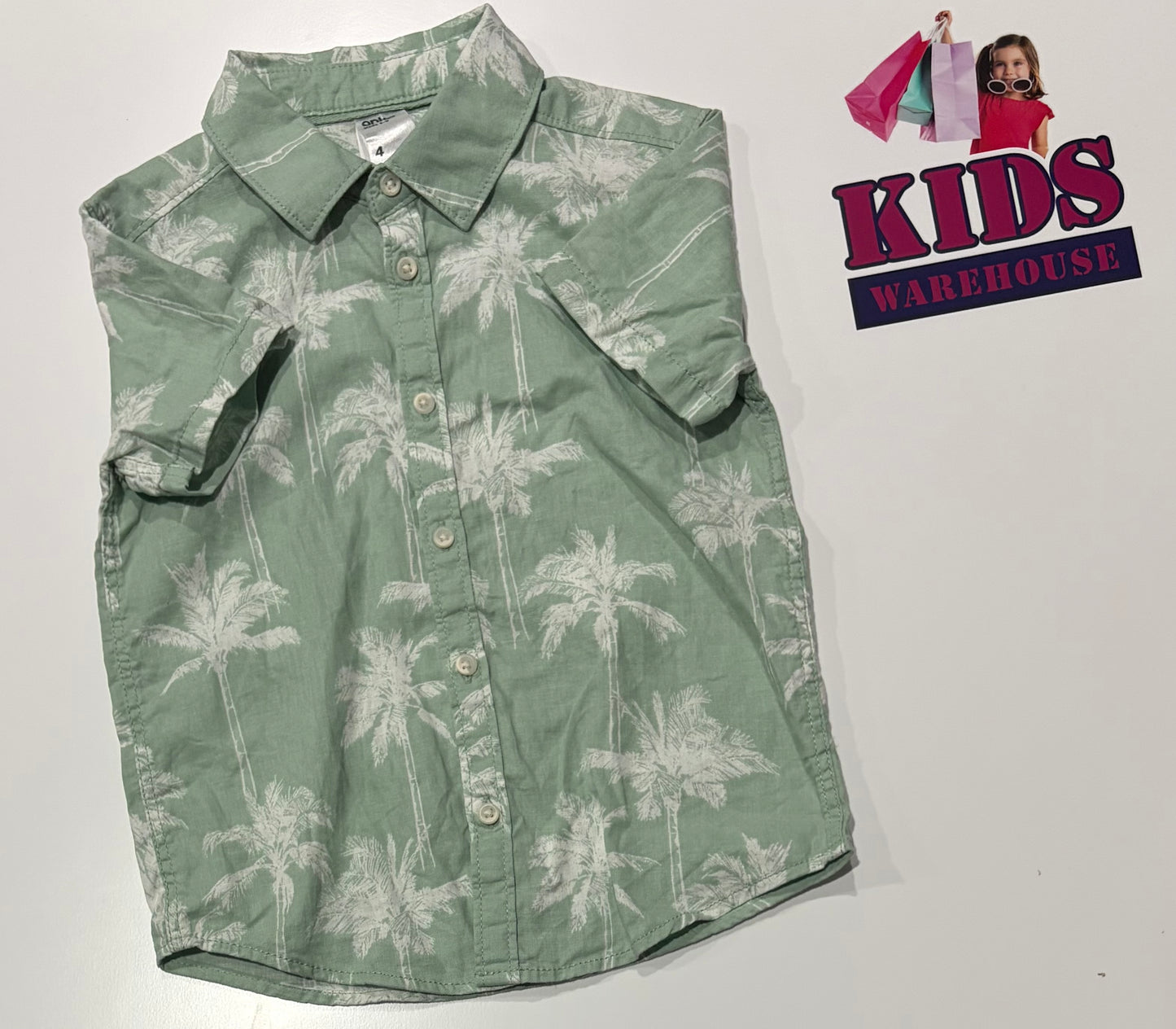 Green, White Palm Tree Print Top Size 4