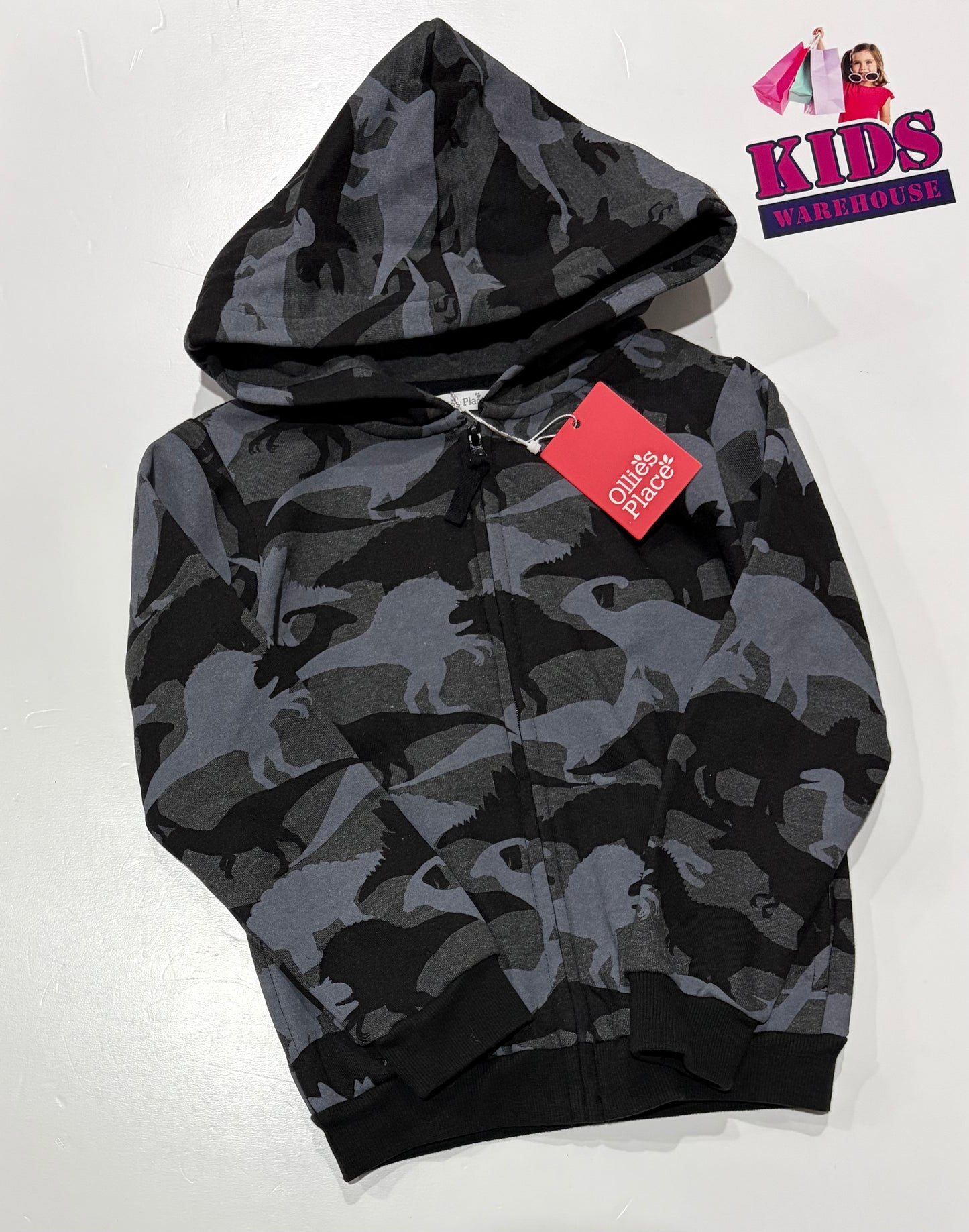 Not Used Ollie's Place Grey, Black Dinosaur Shaped Camo Print Hoodie Size 5