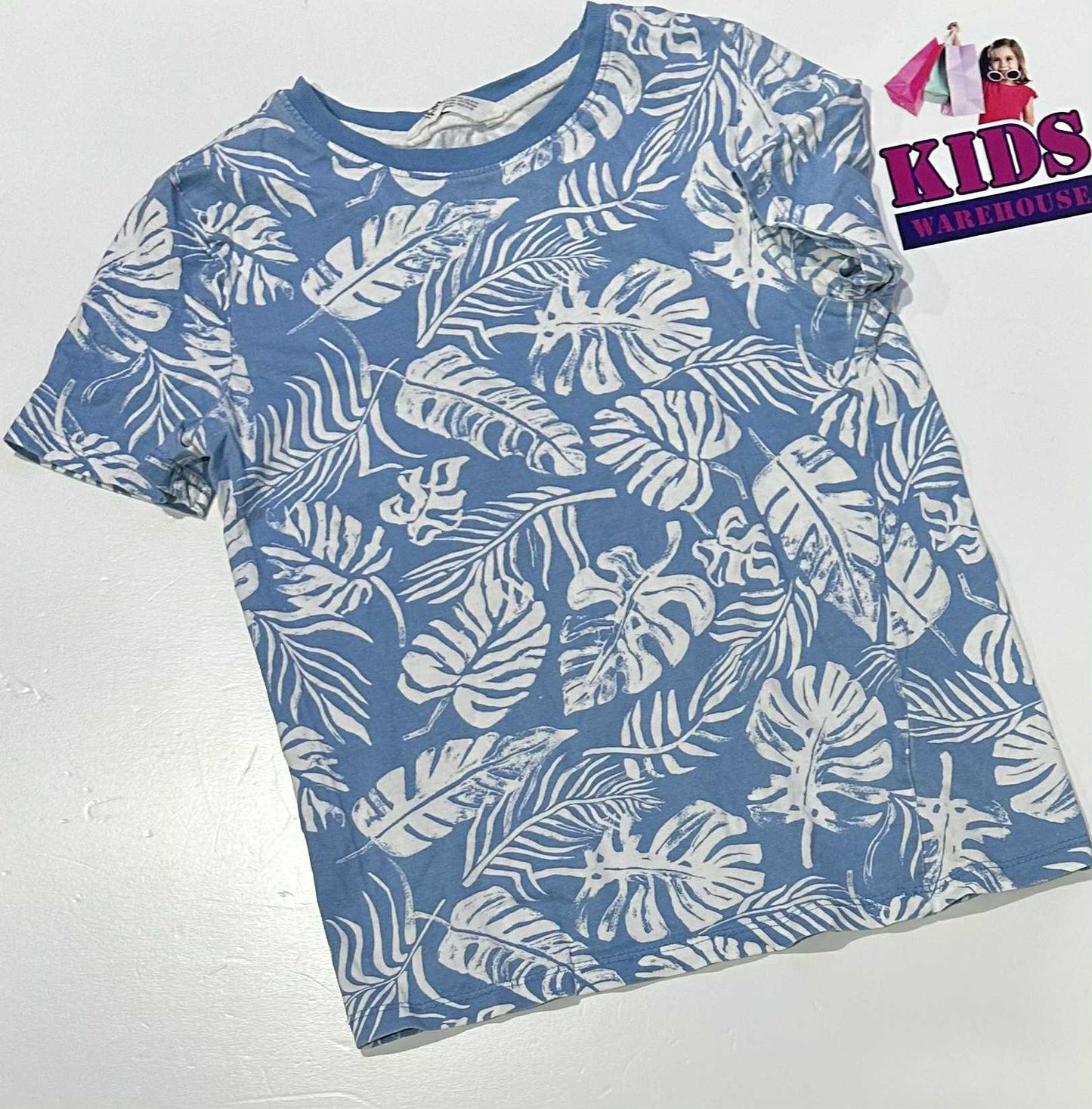H&M Blue Top With White Leaf Pattern Size 9