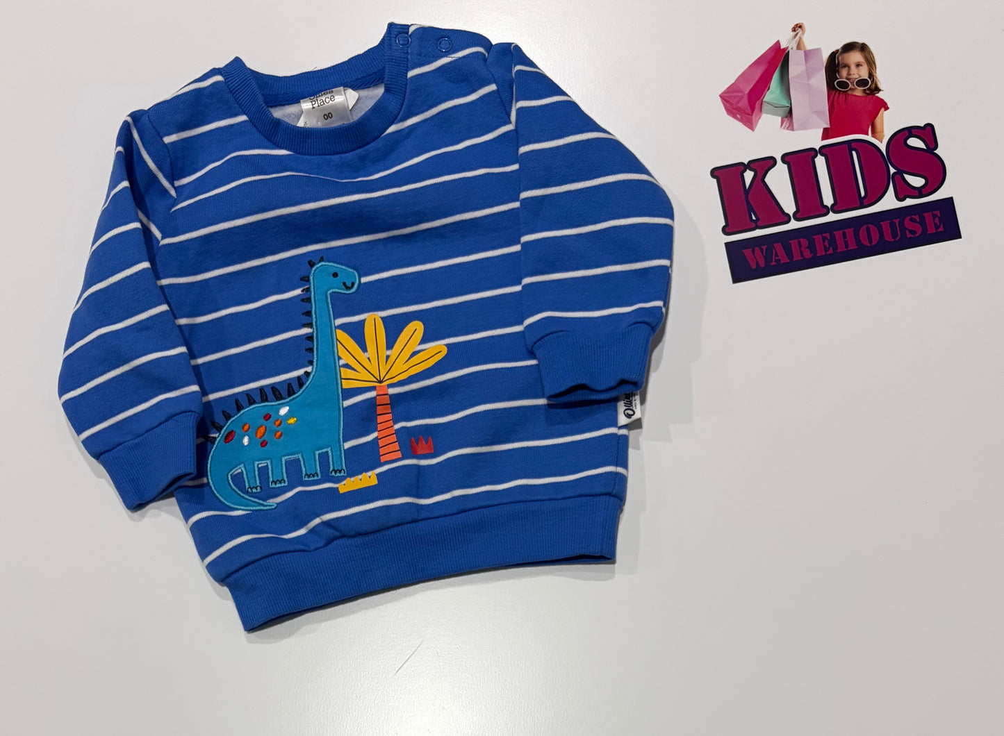 Ollie's Place Blue, White Stripe, Dinosaur Print Top Size 00