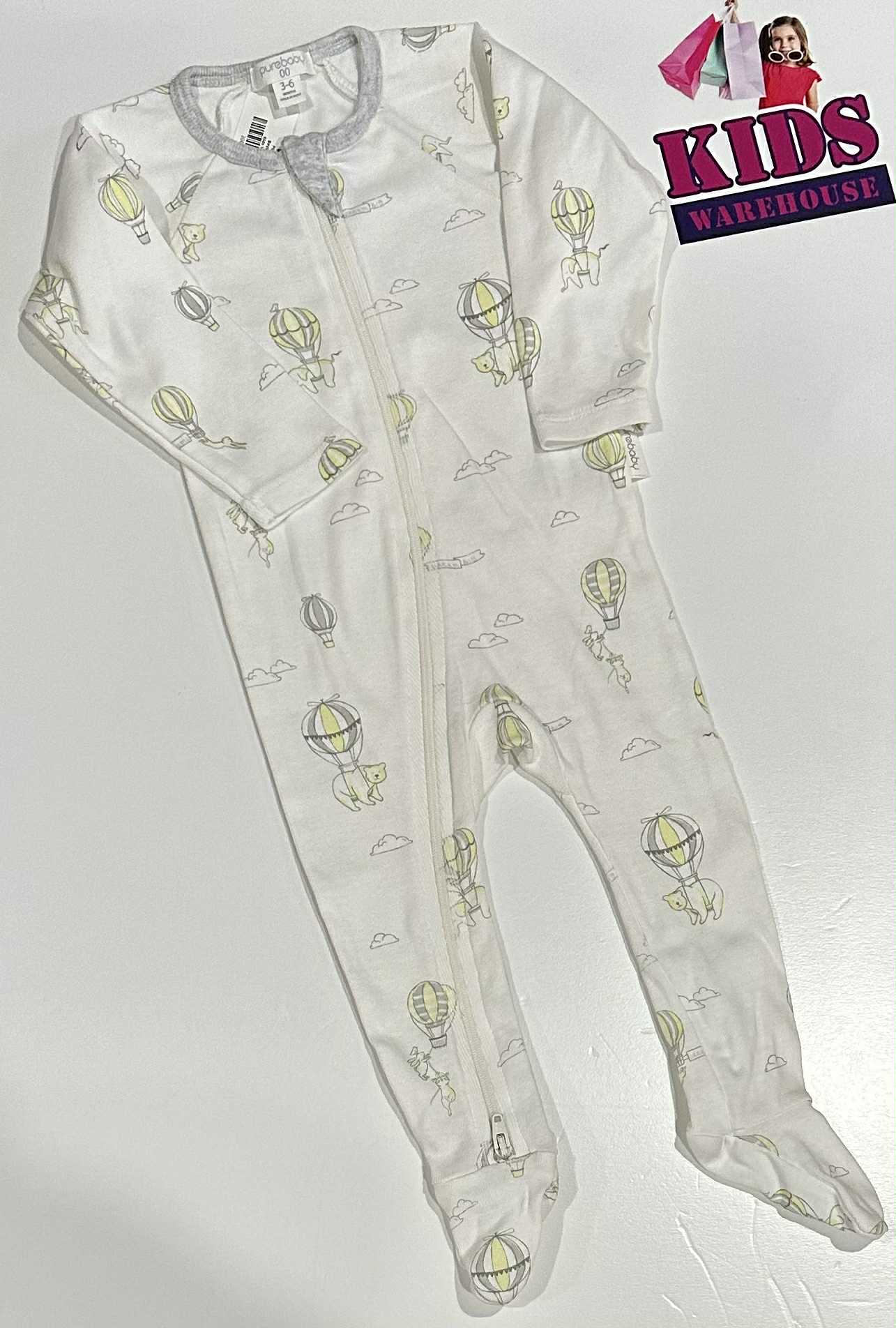 PureBaby White Jumpsuit With Hot Air Balloon Pattern Size 00