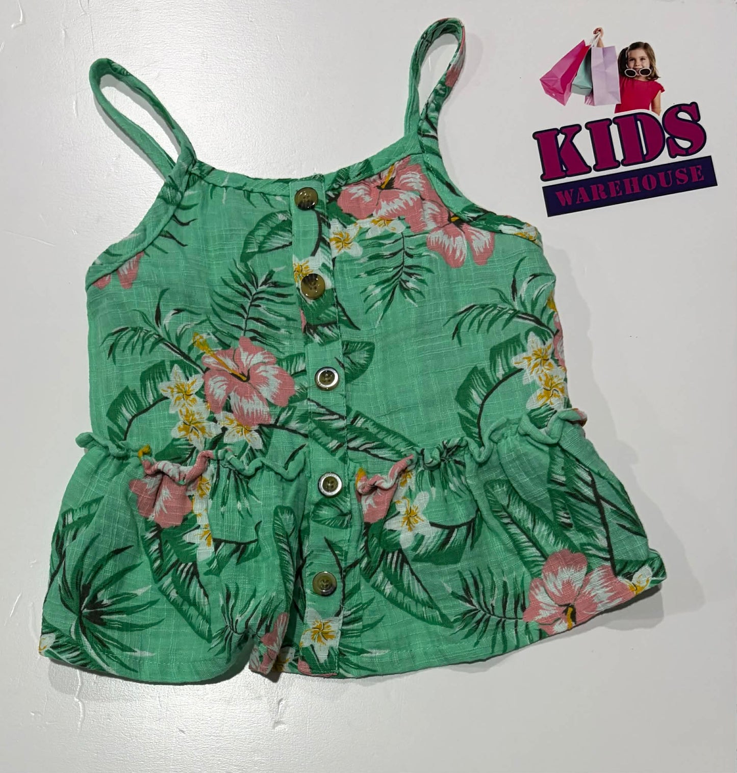 Mini Mango Green Top With Pink Flower Pattern Size 6