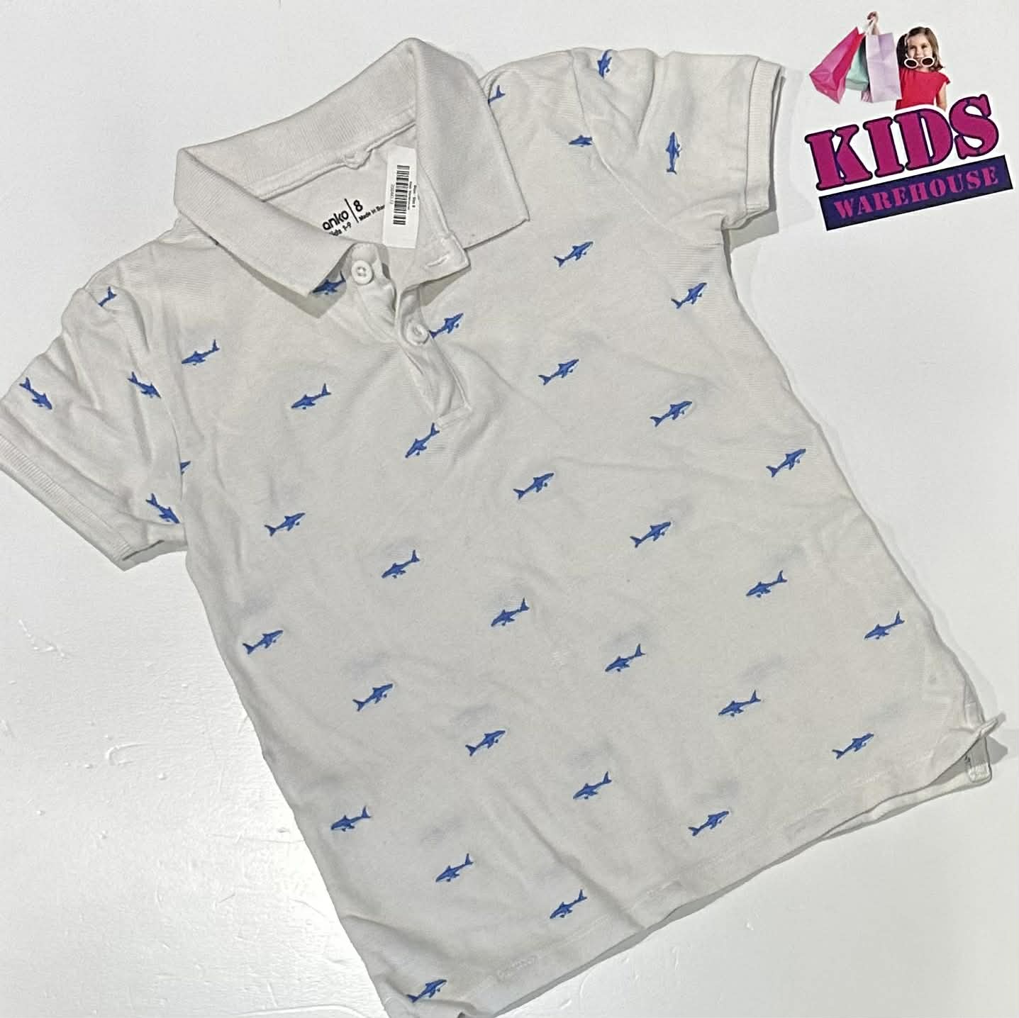 Anko White Polo Top With Blue Shark Pattern Size 8