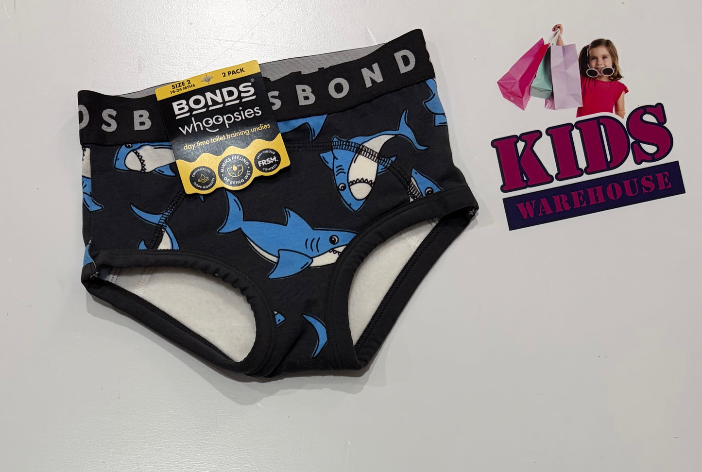 Not Used Bonds Whoopsies Black, Shark Print Size 2 (18-24 Months) 2 PACK