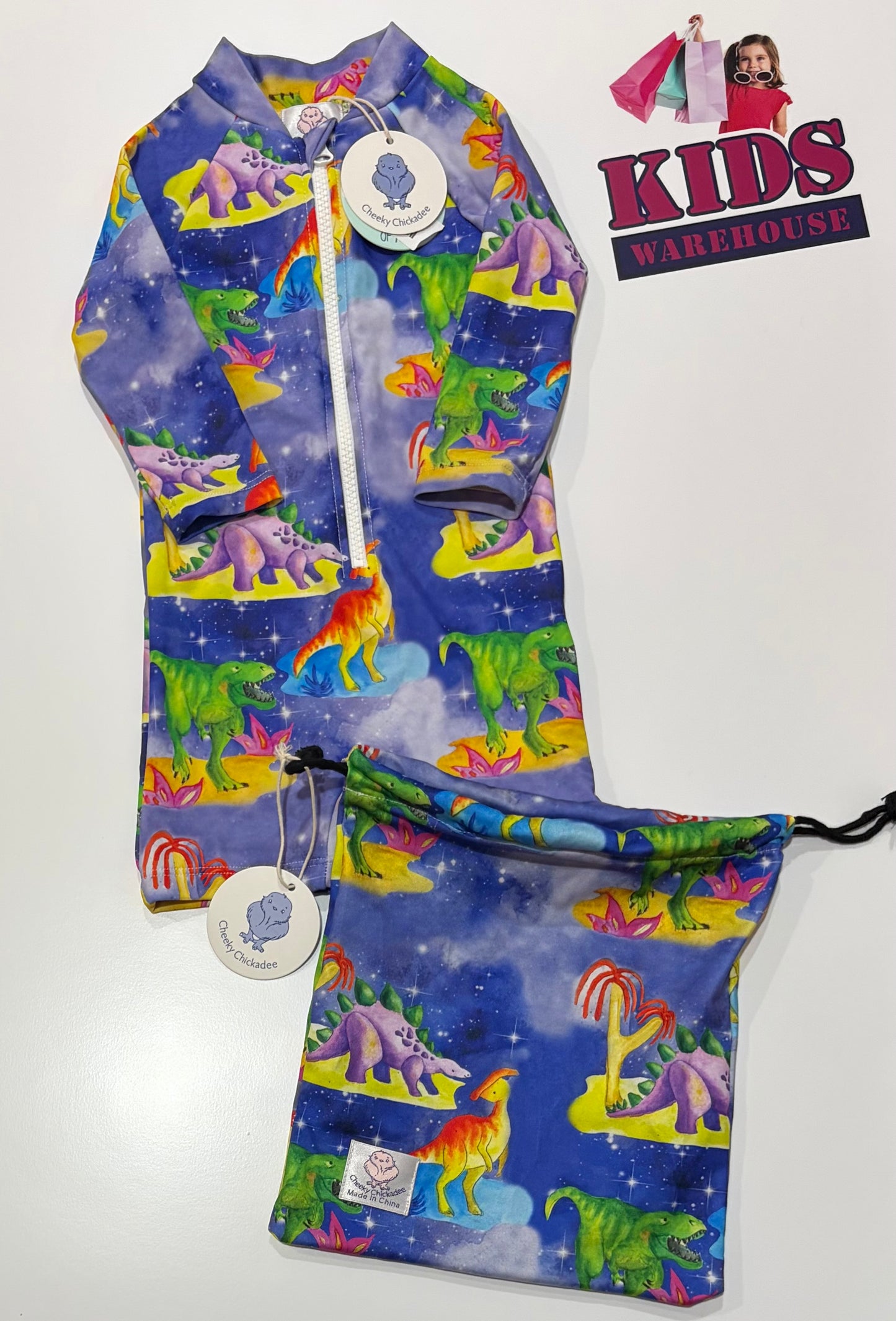 Not Used Cheeky Chickadee Dinosaur Galaxy Print Rashie Jumpsuit Size 1