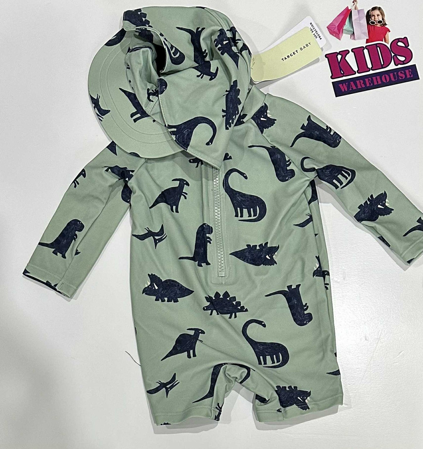 New Target Green 2 Piece Swim Set With Dark Blue Dinosaur Pattern Size 00 (RRP $25)