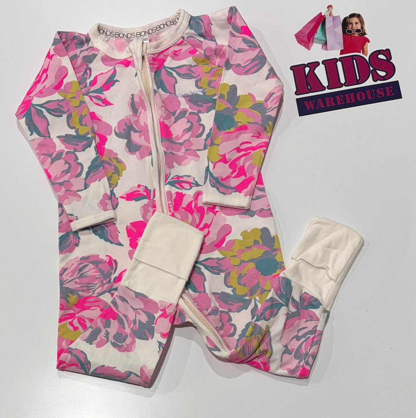 Bonds Wondersuit White, Pink Floral Print Jumpsuit Size 1