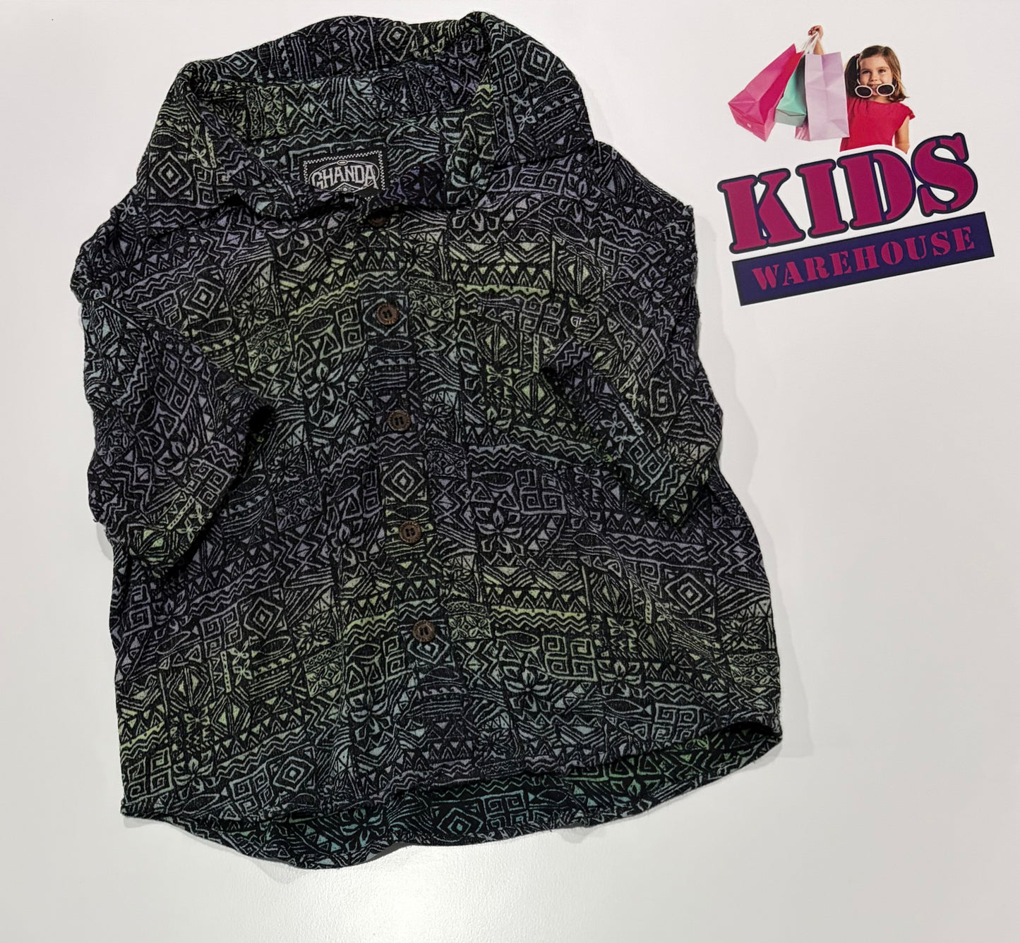 Ghanda Black, Green Pattern Print Top Size 3