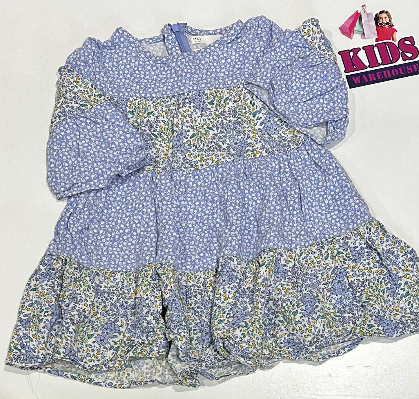Marks & Spencer Blue Dress With Flower Pattern Size 3-4