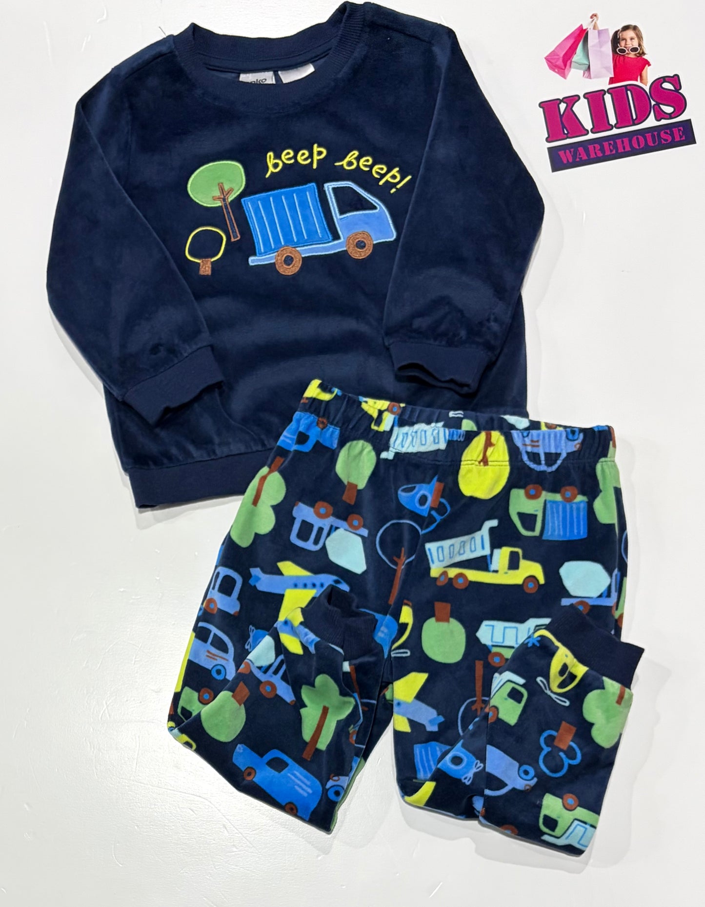 Navy Blue, Beep Beep Vehicles Print 2 Piece Pyjama Set Size 2