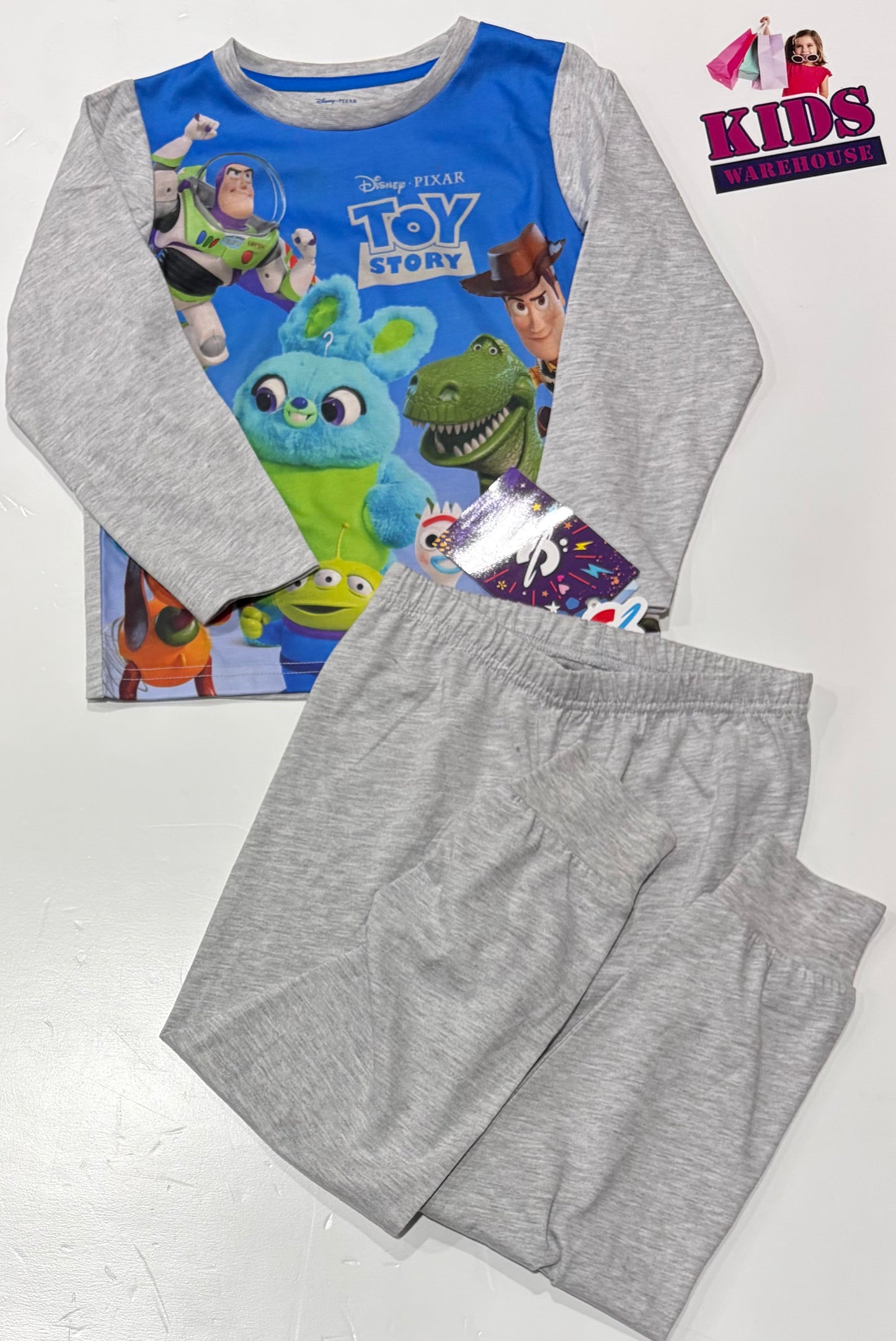 Toy Story Grey, Blue Character Print Top & Grey Pants 2 Piece Pyjama Set Size 7