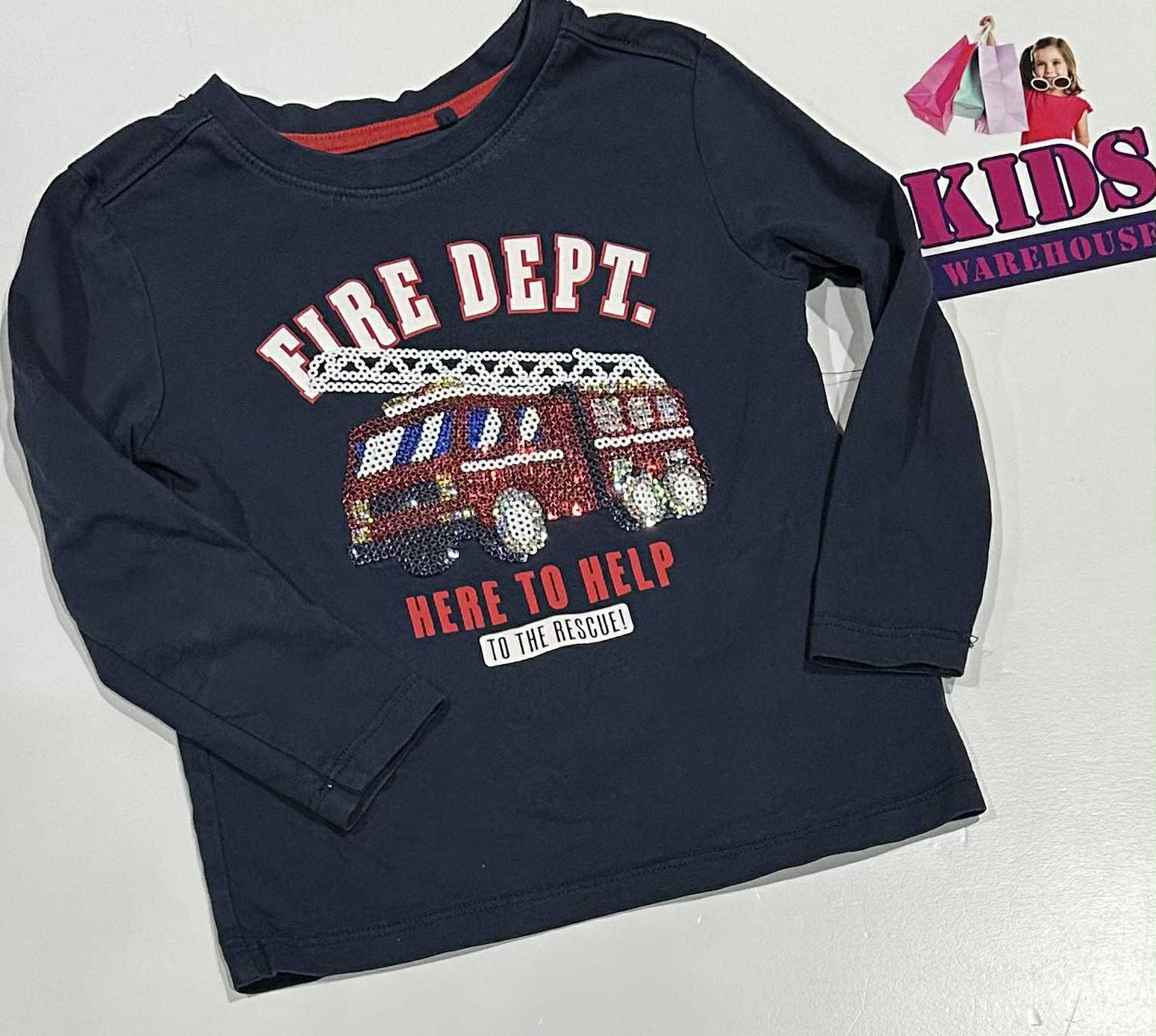 Anko Navy Blue Long Sleeve Top With Firetruck Print Size 3