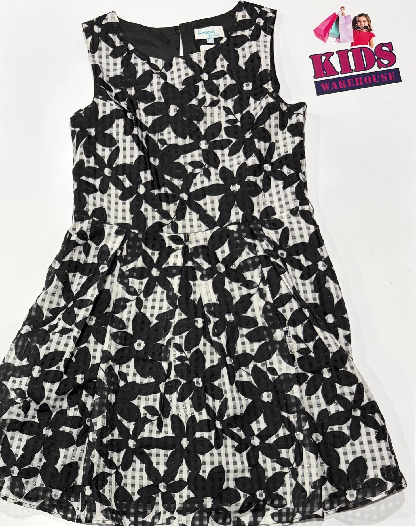 Friends By Jesse Black, White Check & Flower Print Dress Size 10