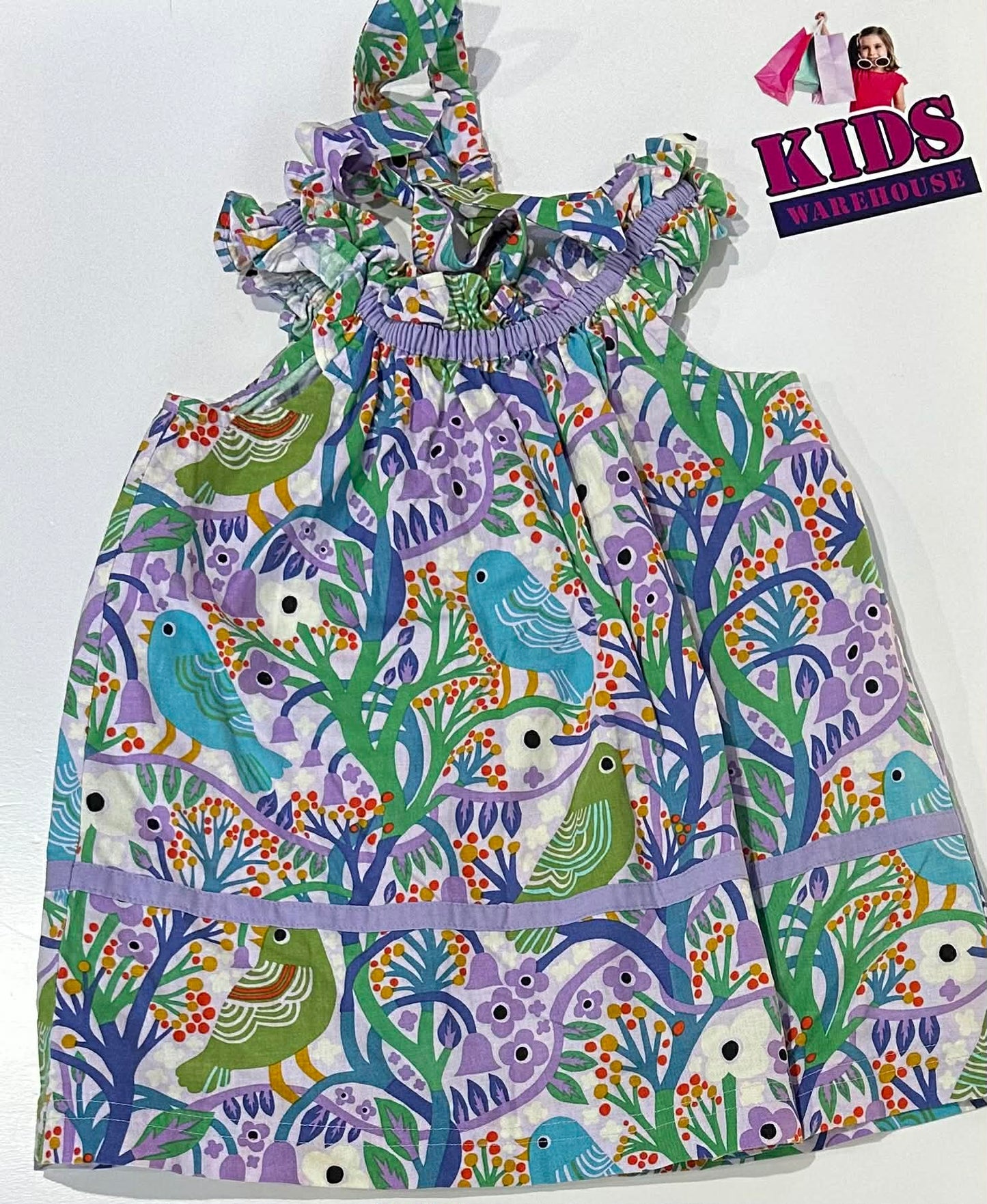 Homemade Purple & Green Dress With Bird & Tree Pattern Size 3 