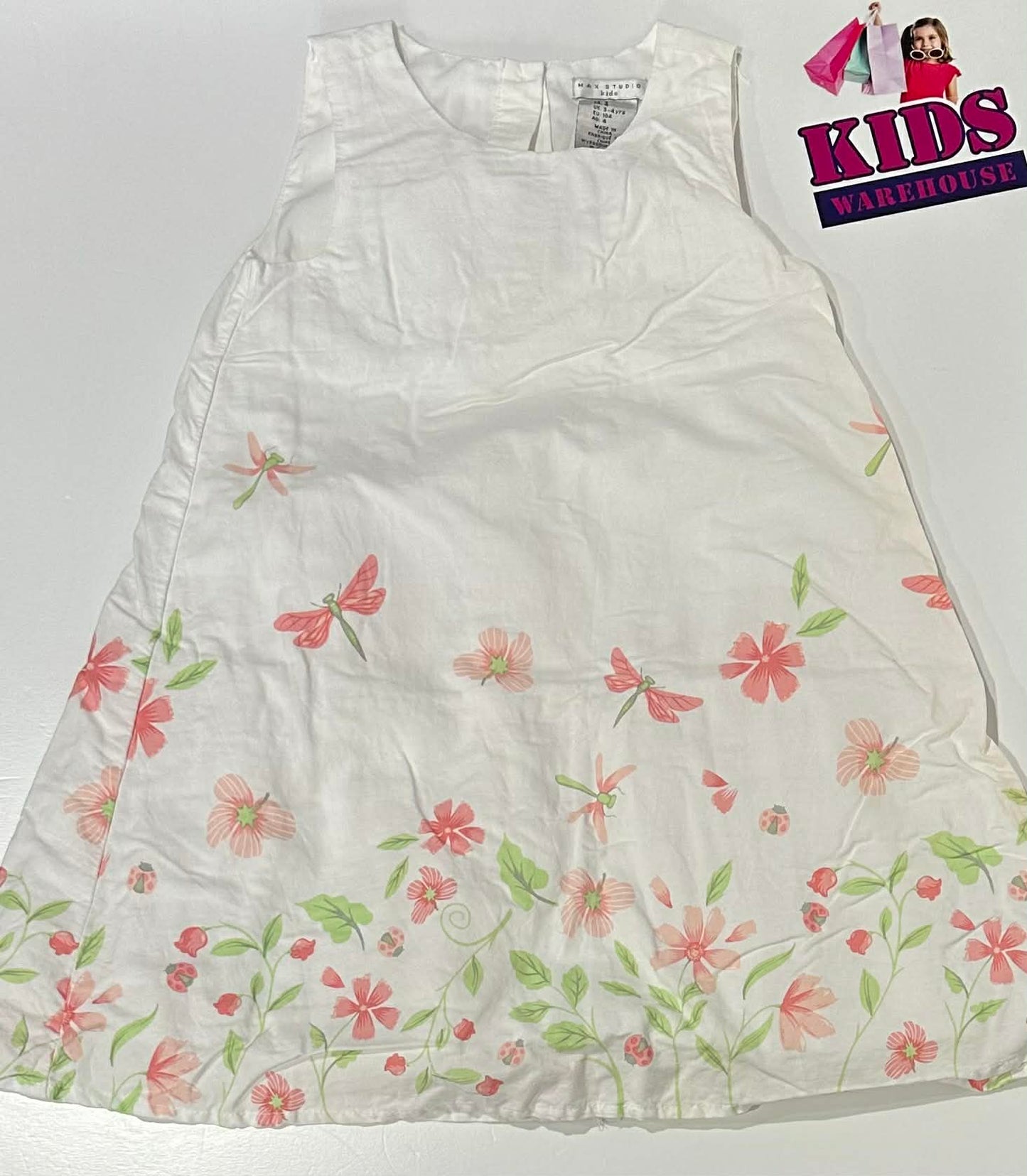 Max Studio White Dress With Pink Flower & Butterfly Pattern Size 4