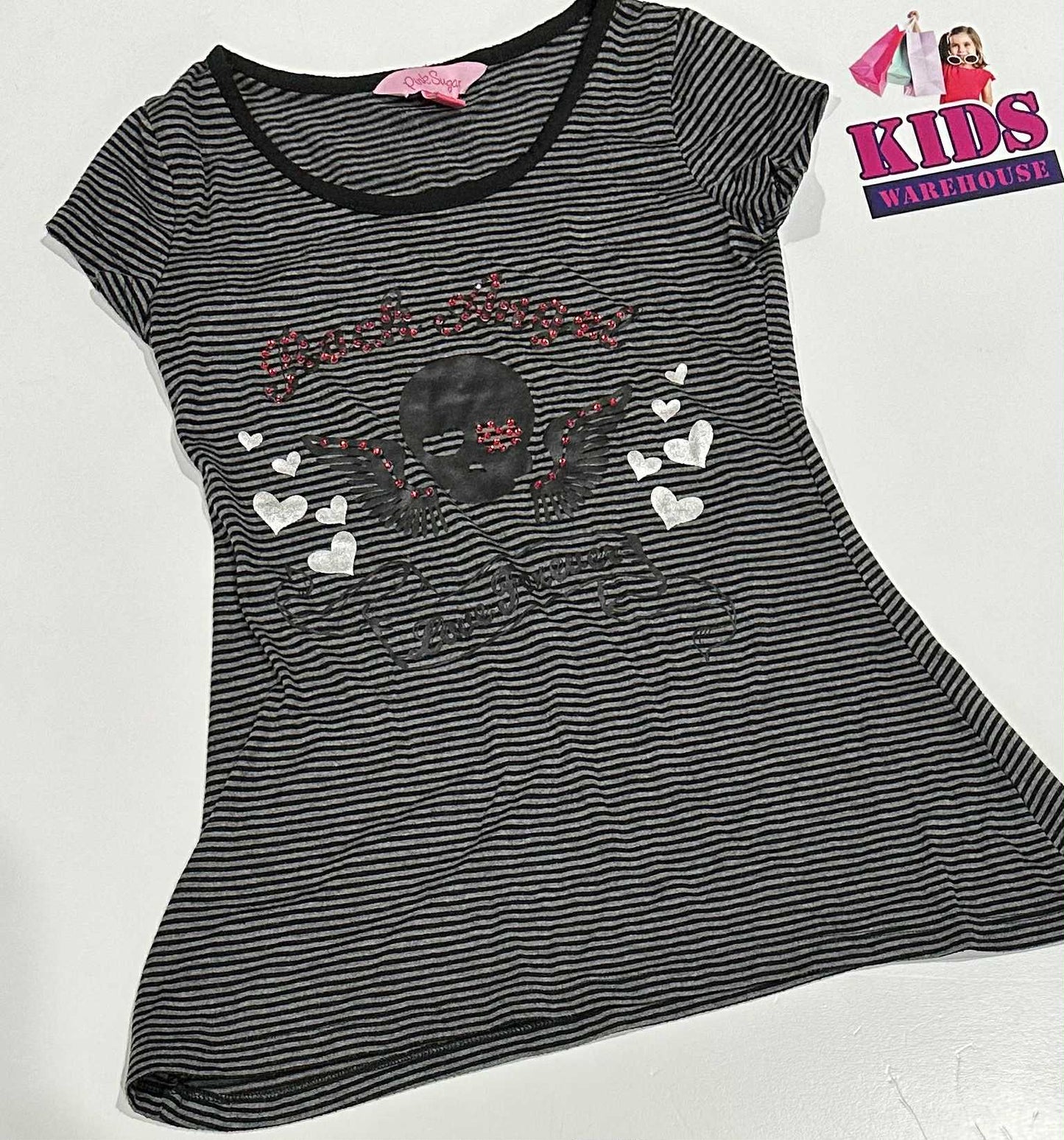 Pink Sugar Black & Grey Top With Red “Rock Angel” Print Size 10