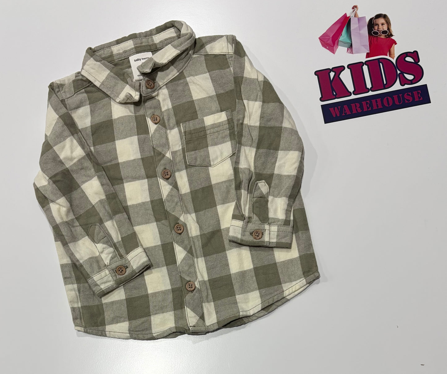 Baby Berry White, Grey Check Print Top Size 2