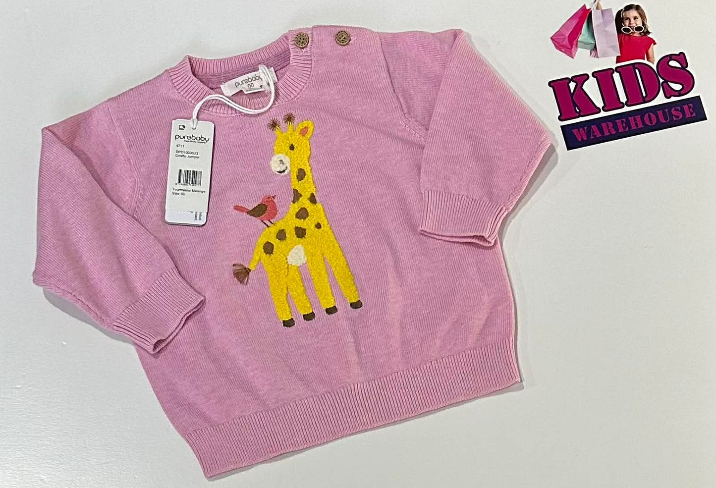 New PureBaby Pink Jumper With Giraffe Print Size 00