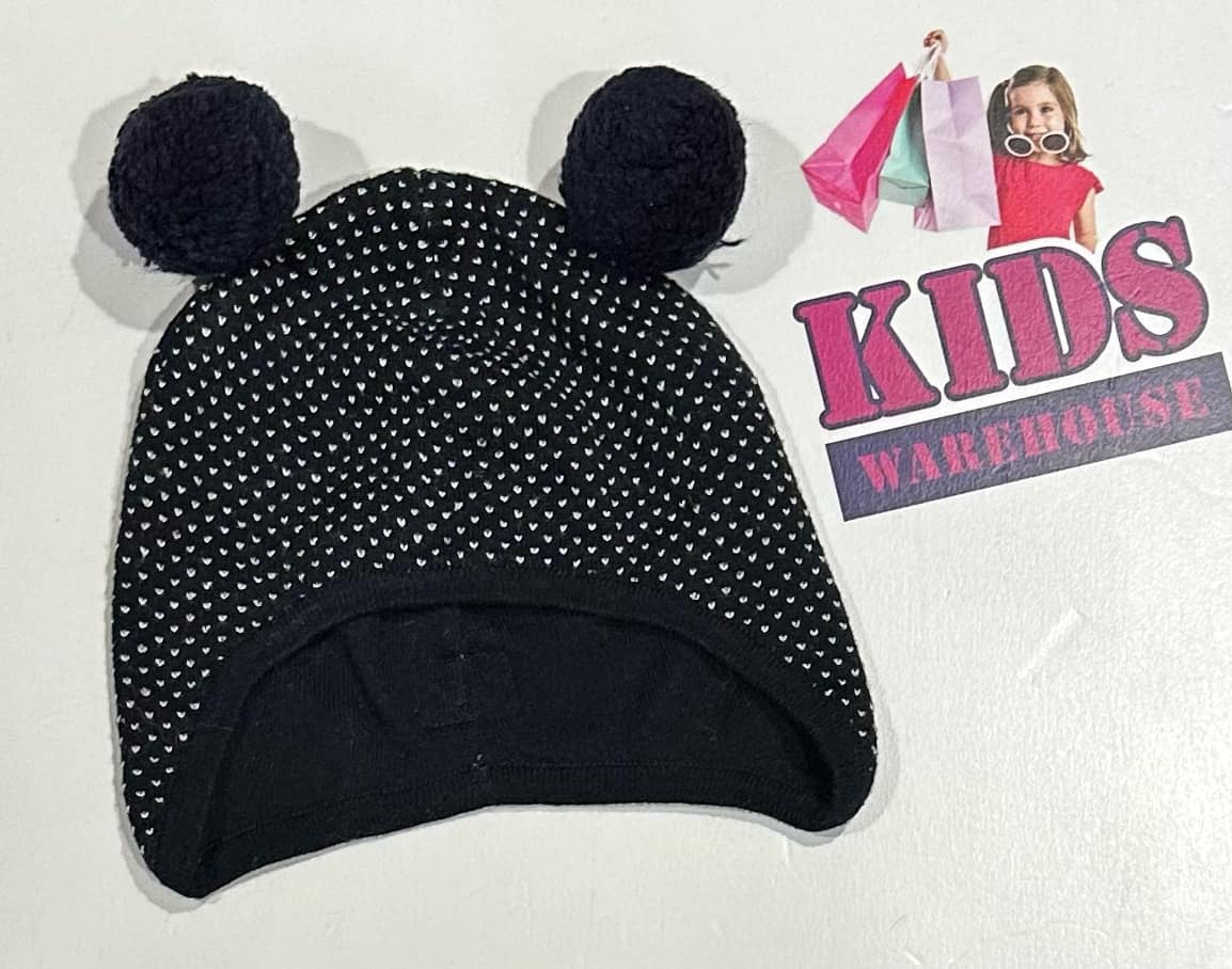 Black, White Beanie With Fluffy Ball Ears Size Baby
